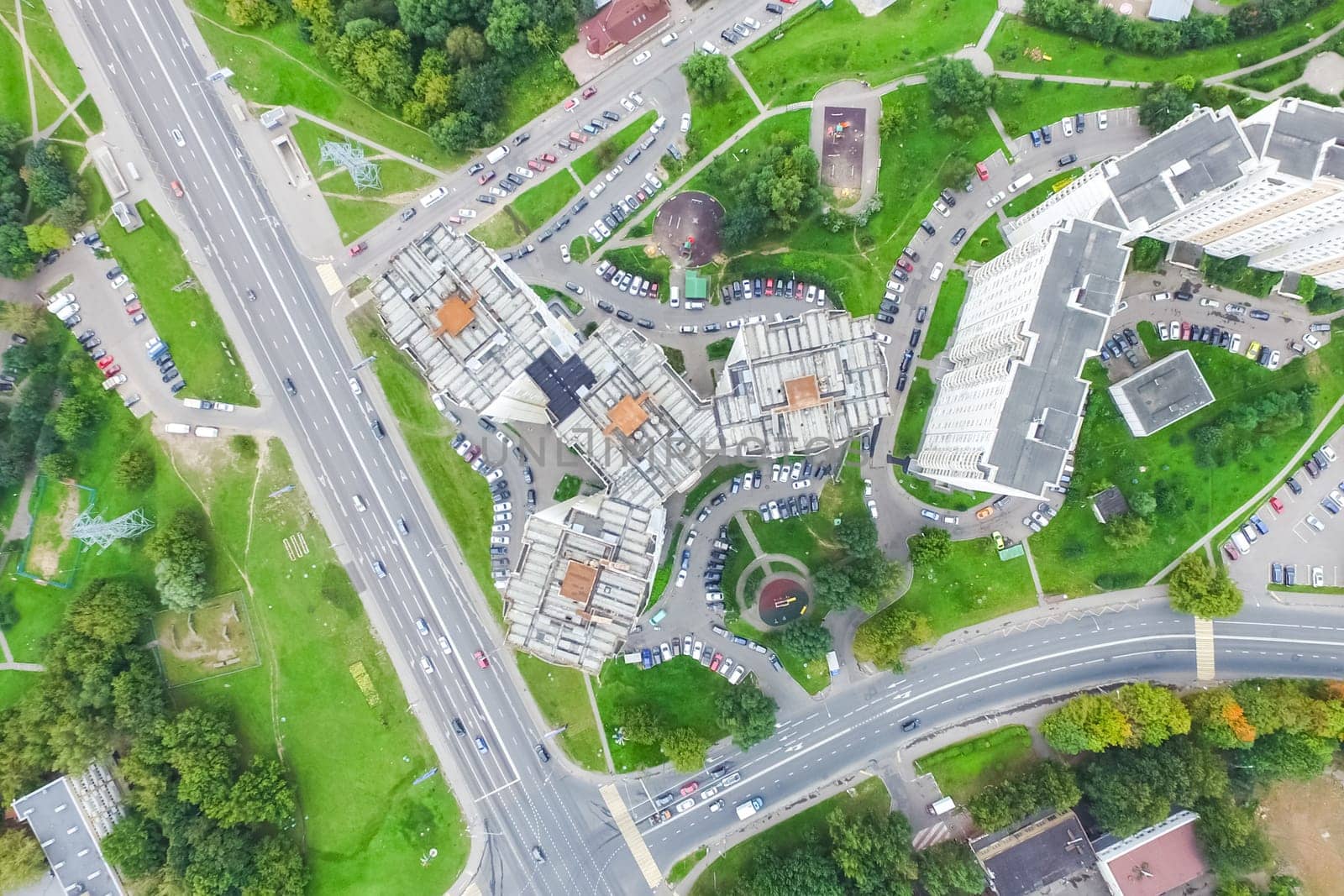 Top view of the city of Moscow, buildings and roads and other infrastructure of the city. Cityscape view from above.