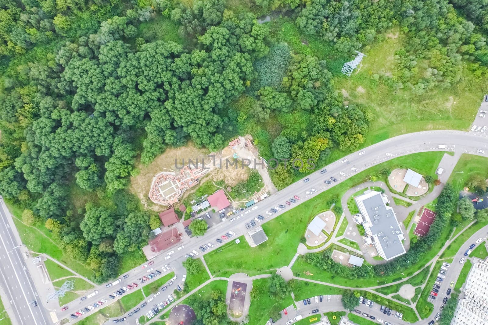 Top view of the city of Moscow, buildings and roads and other infrastructure of the city. Cityscape view from above.