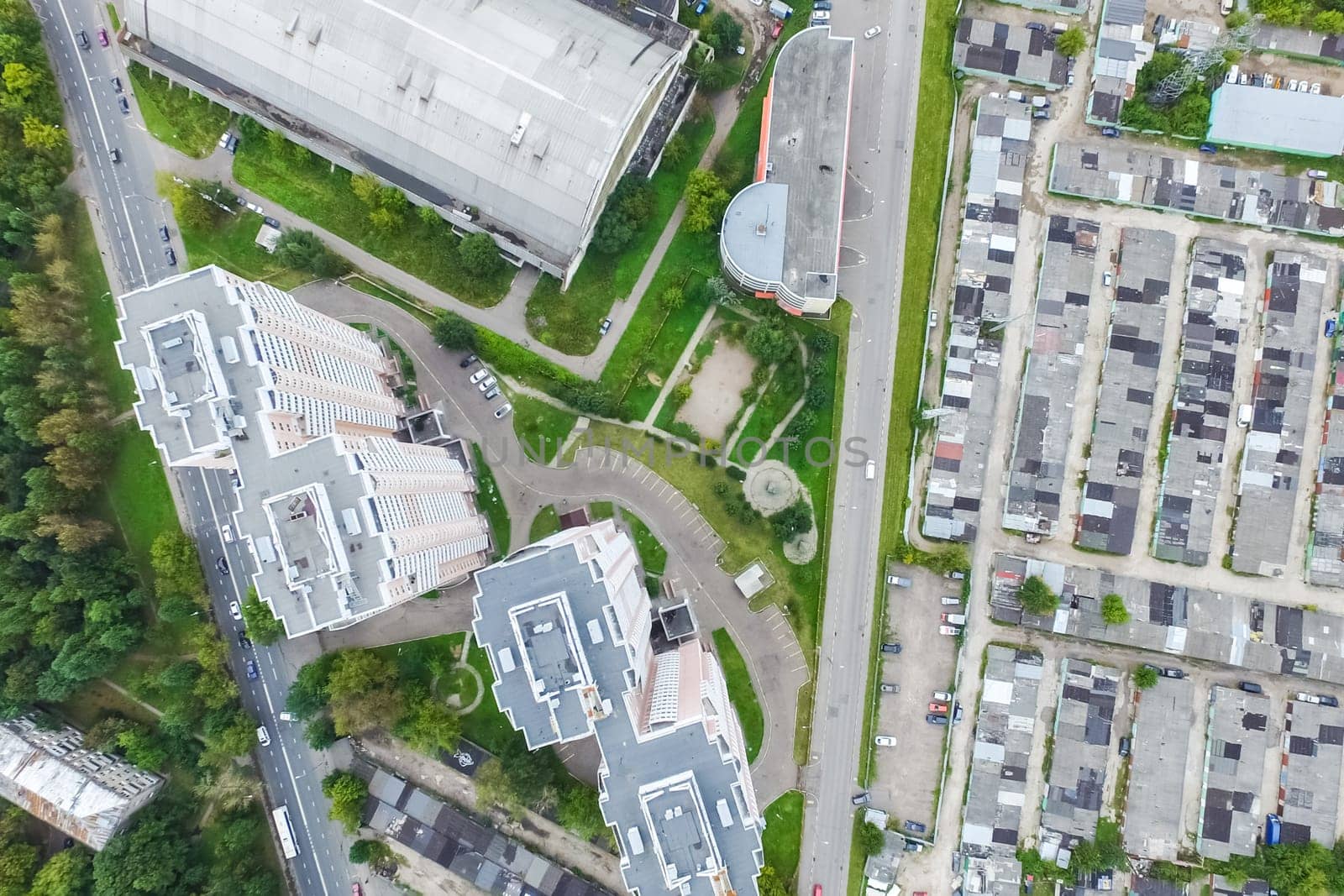 Top view of the city of Moscow, buildings and roads and other infrastructure of the city. Cityscape view from above.