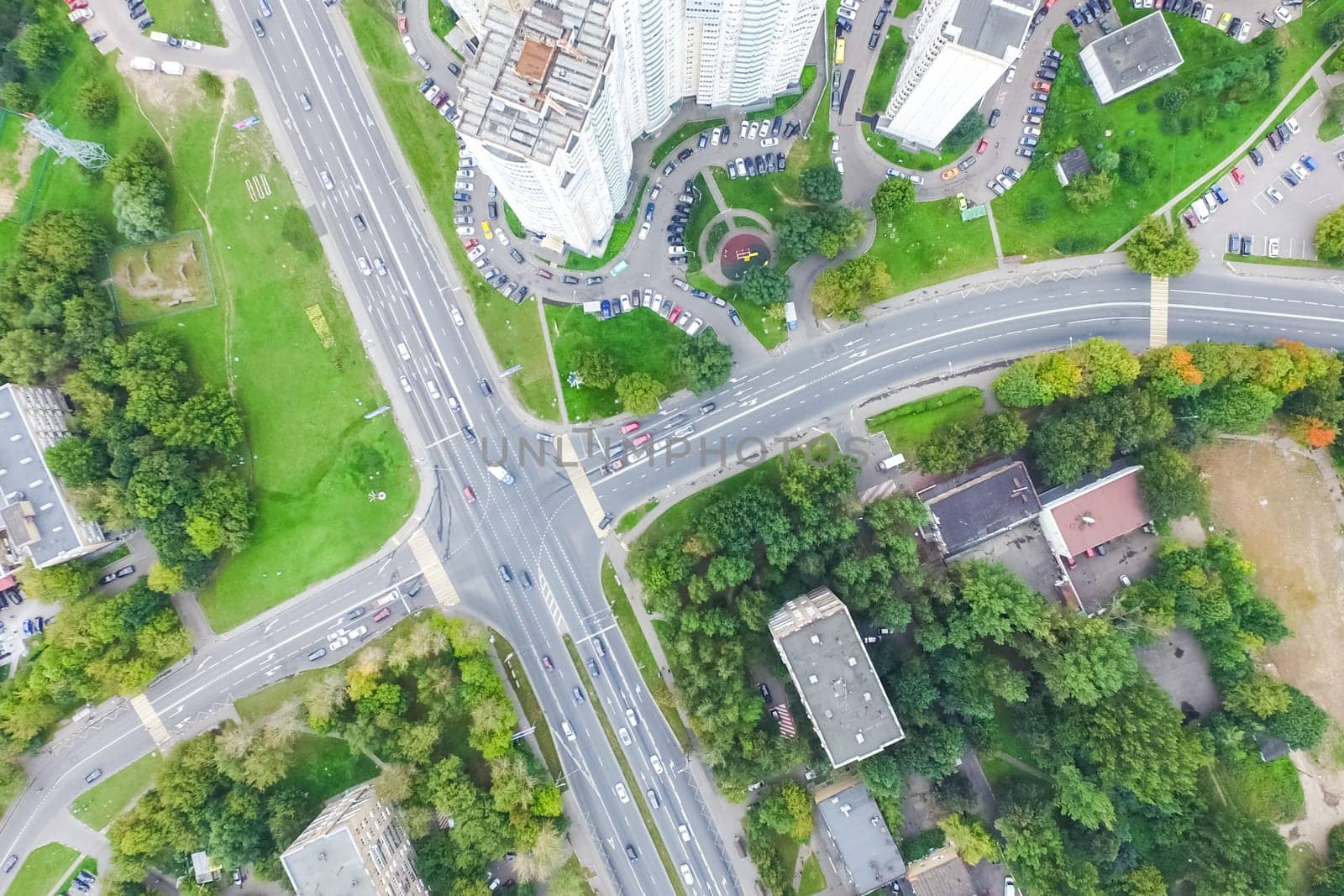 Top view of the city of Moscow, buildings and roads and other infrastructure of the city. Cityscape view from above.