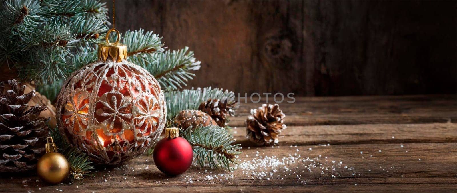Christmas decoration on wooden background with copy space, AI generated image