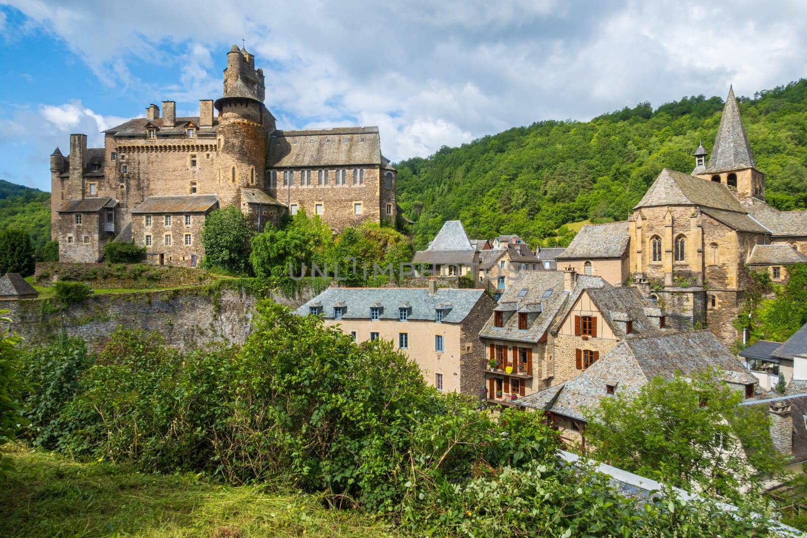 Castle and church in Estaing, one of the most beautiful villages of France, photographed in spring