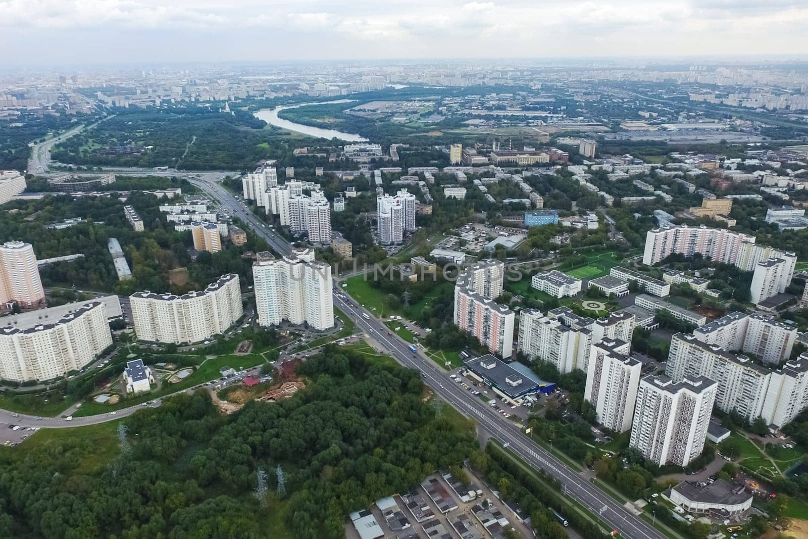 Top view of the city of Moscow, buildings and roads and other infrastructure of the city. Cityscape view from above.