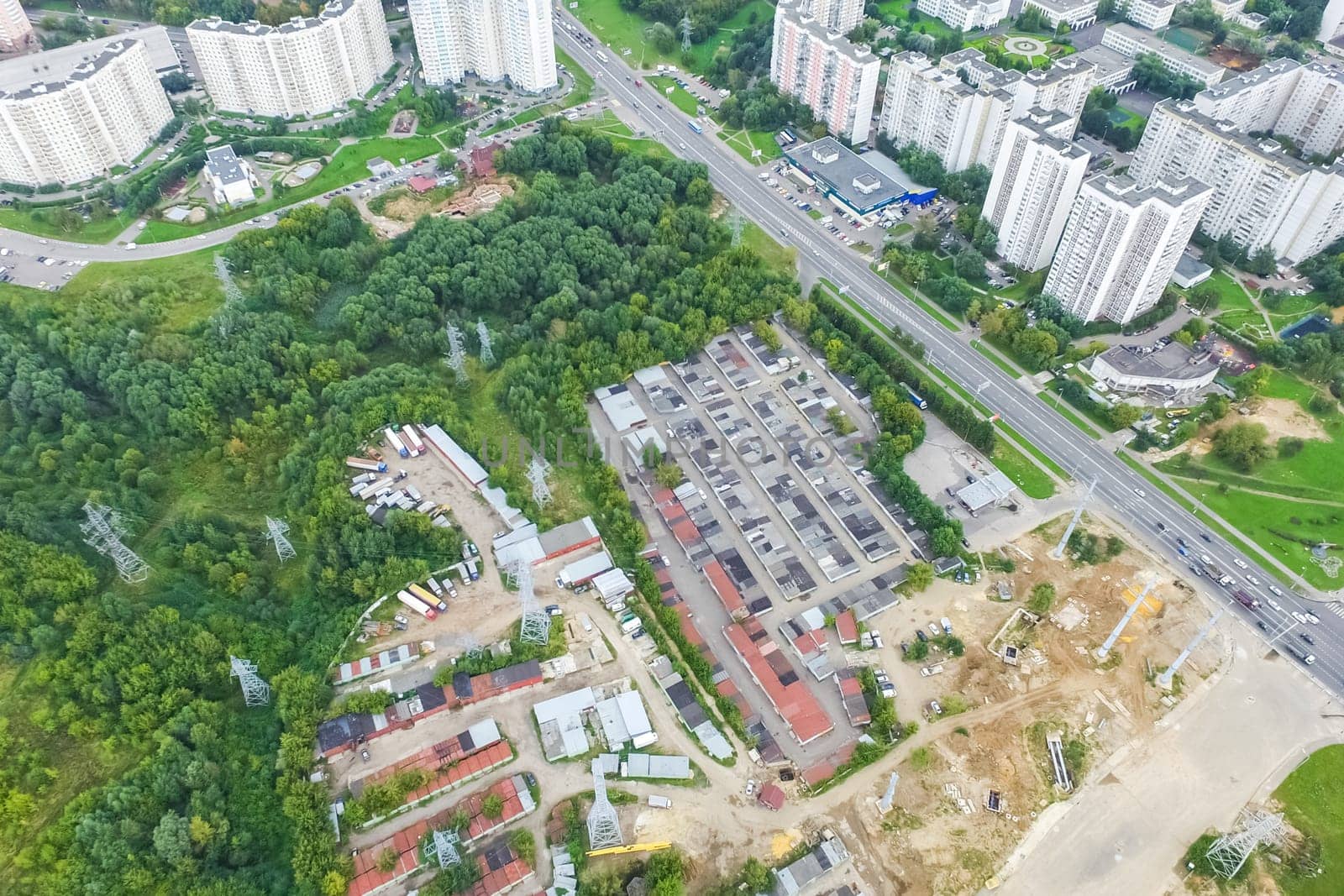 Top view of the city of Moscow, buildings and roads and other infrastructure of the city. Cityscape view from above.