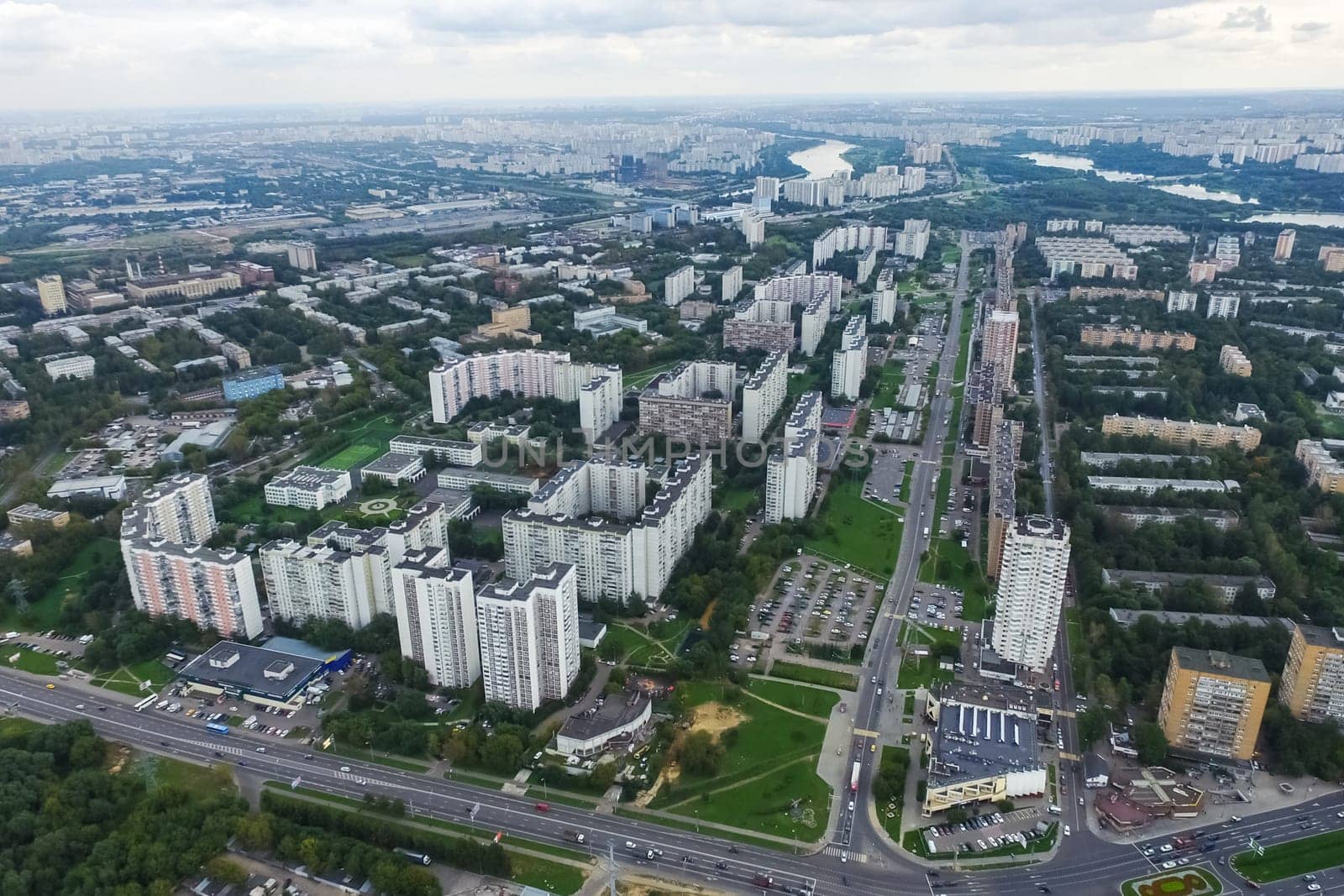 Top view of the city of Moscow, buildings and roads and other infrastructure of the city. Cityscape view from above.