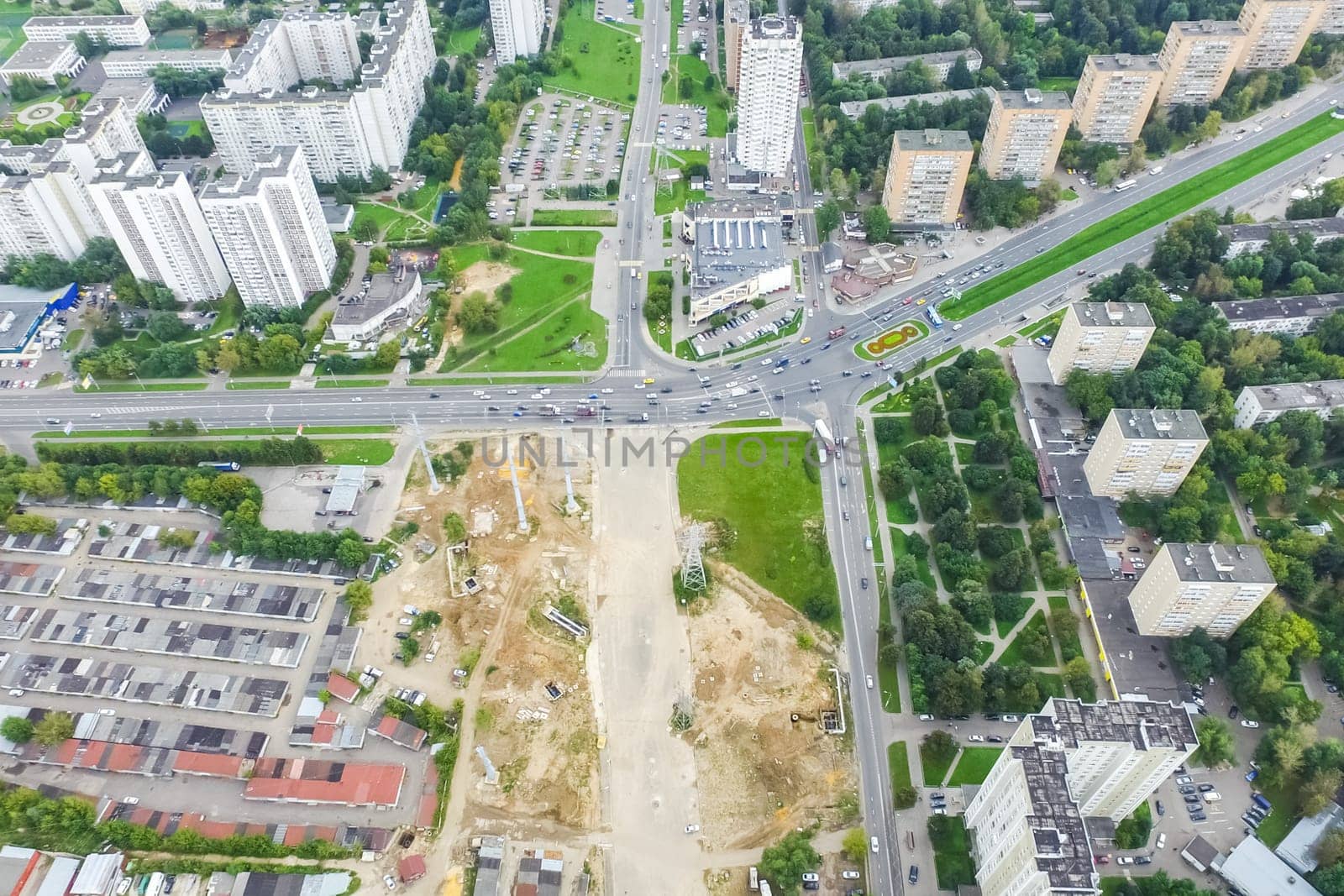 Top view of the city of Moscow, buildings and roads and other infrastructure of the city. Cityscape view from above.