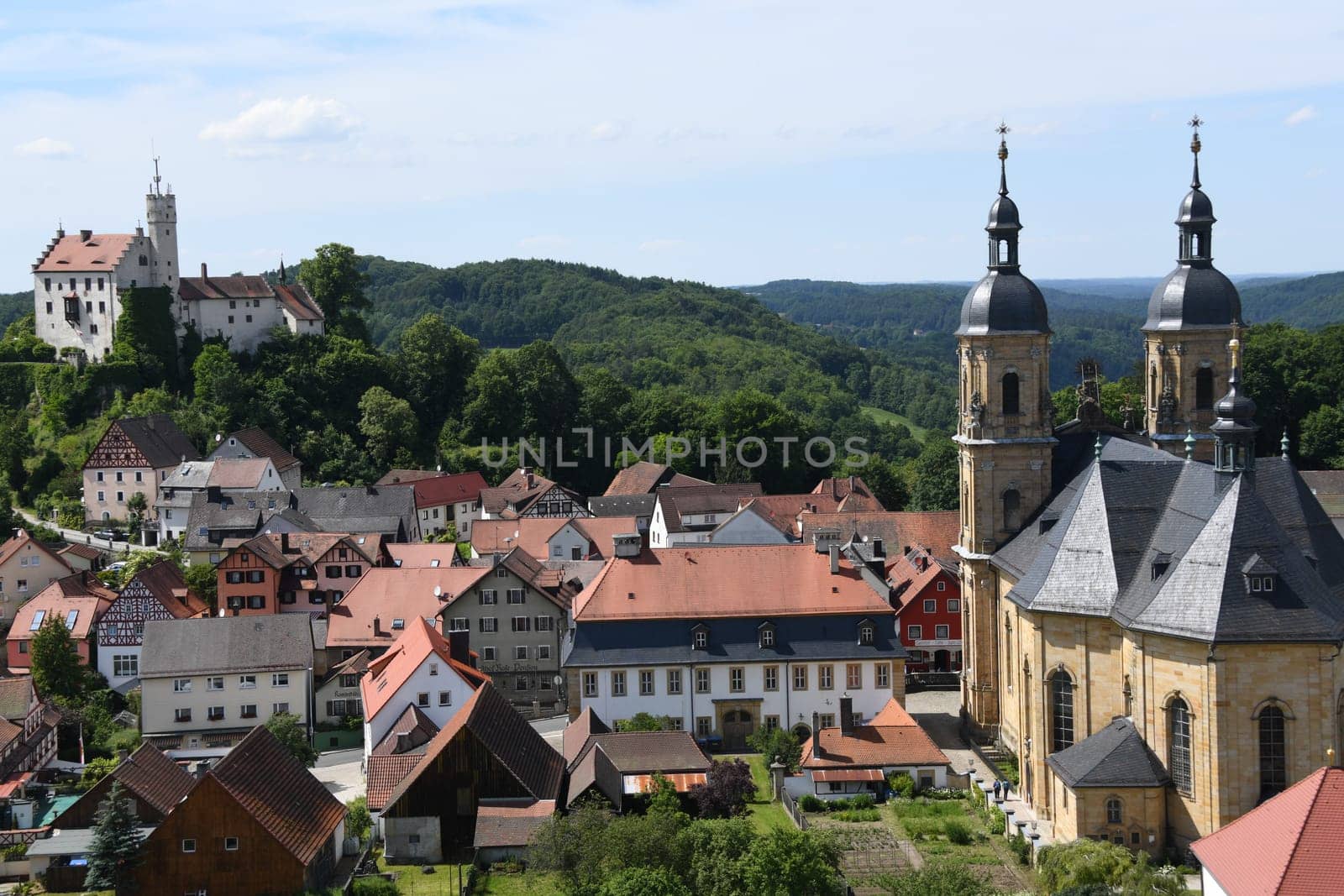 Panoramic view over the pilgrimage site 91327 Gößweinstein in the Franconian Switzerland,Middle Franconia,Bavaria,Germany,Europe with the Holy Trinity Basilica and the castle in the district of Forchheim