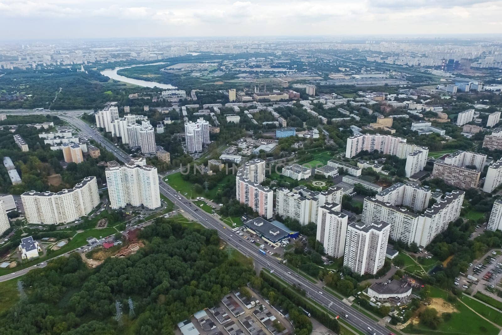 Top view of the city of Moscow, buildings and roads and other infrastructure of the city. Cityscape view from above.