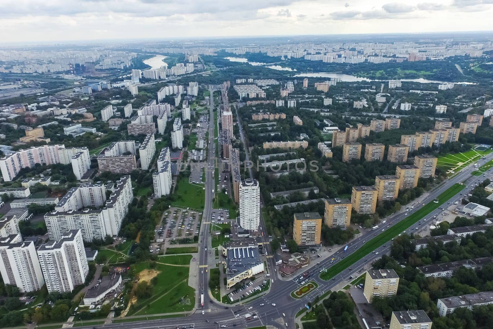 Top view of the city of Moscow, buildings and roads and other infrastructure of the city. Cityscape view from above.