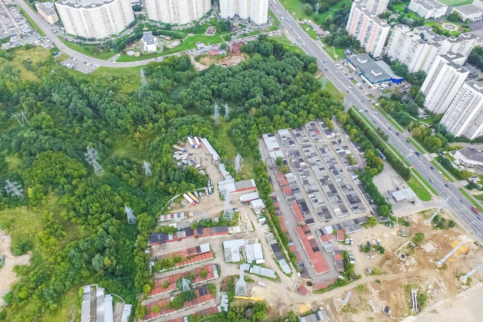 Top view of the city of Moscow, buildings and roads and other infrastructure of the city. Cityscape view from above.