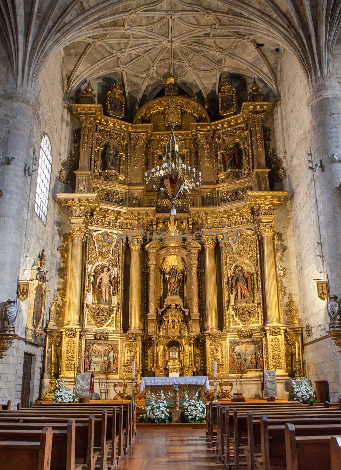 Gares, Spain - March 30, 2024: Church of Santiago, Puente La Reina, Navarre, Spain. Main nave