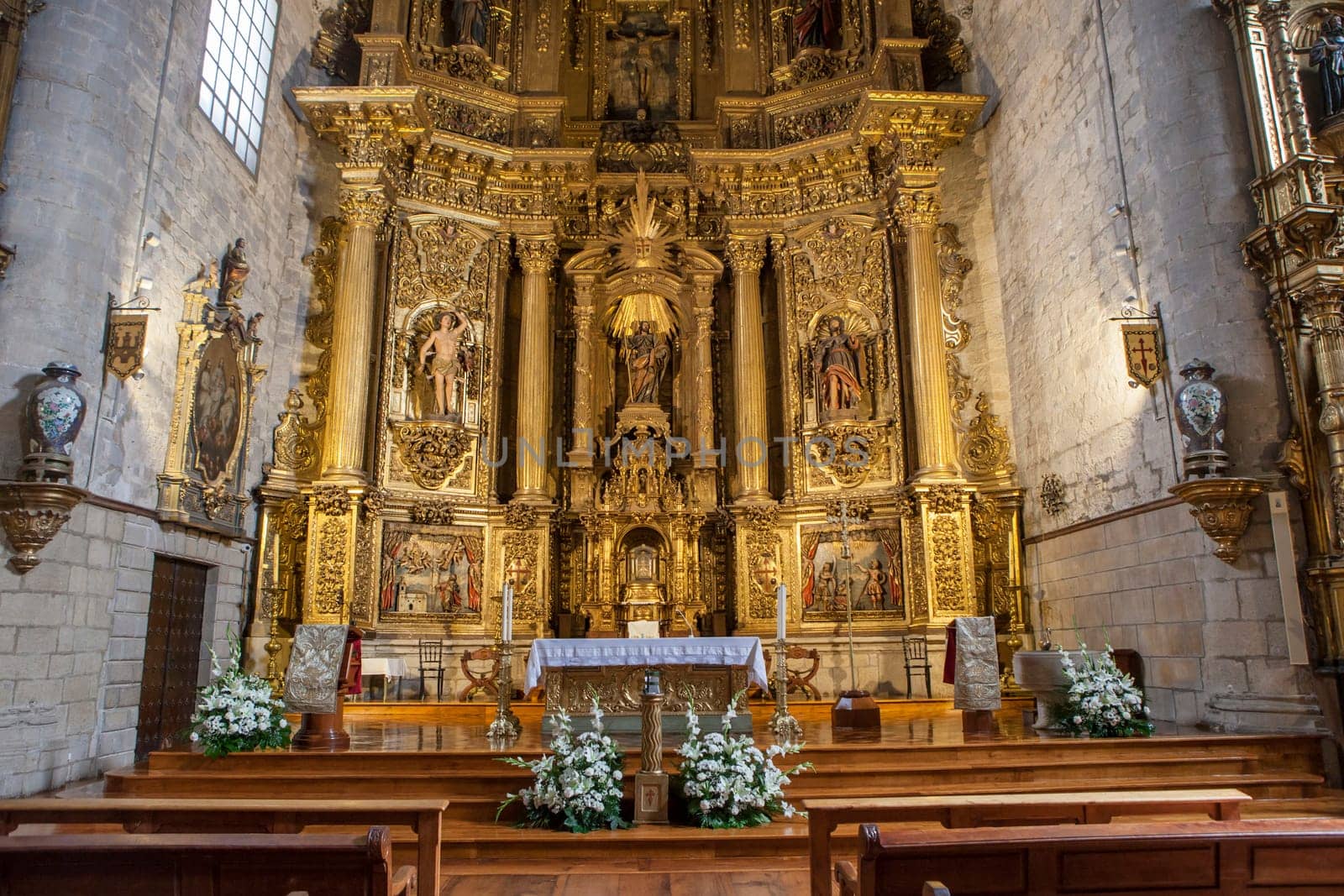 Gares, Spain - March 30, 2024: Church of Santiago, Puente La Reina, Navarre, Spain. Main nave