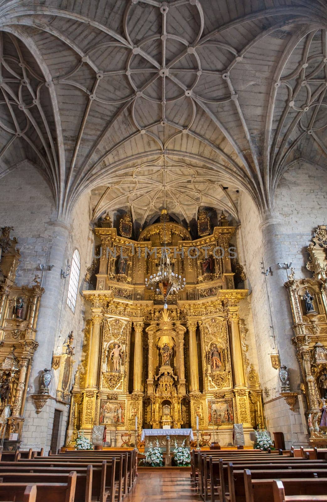 Gares, Spain - March 30, 2024: Church of Santiago, Puente La Reina, Navarre, Spain. Main nave