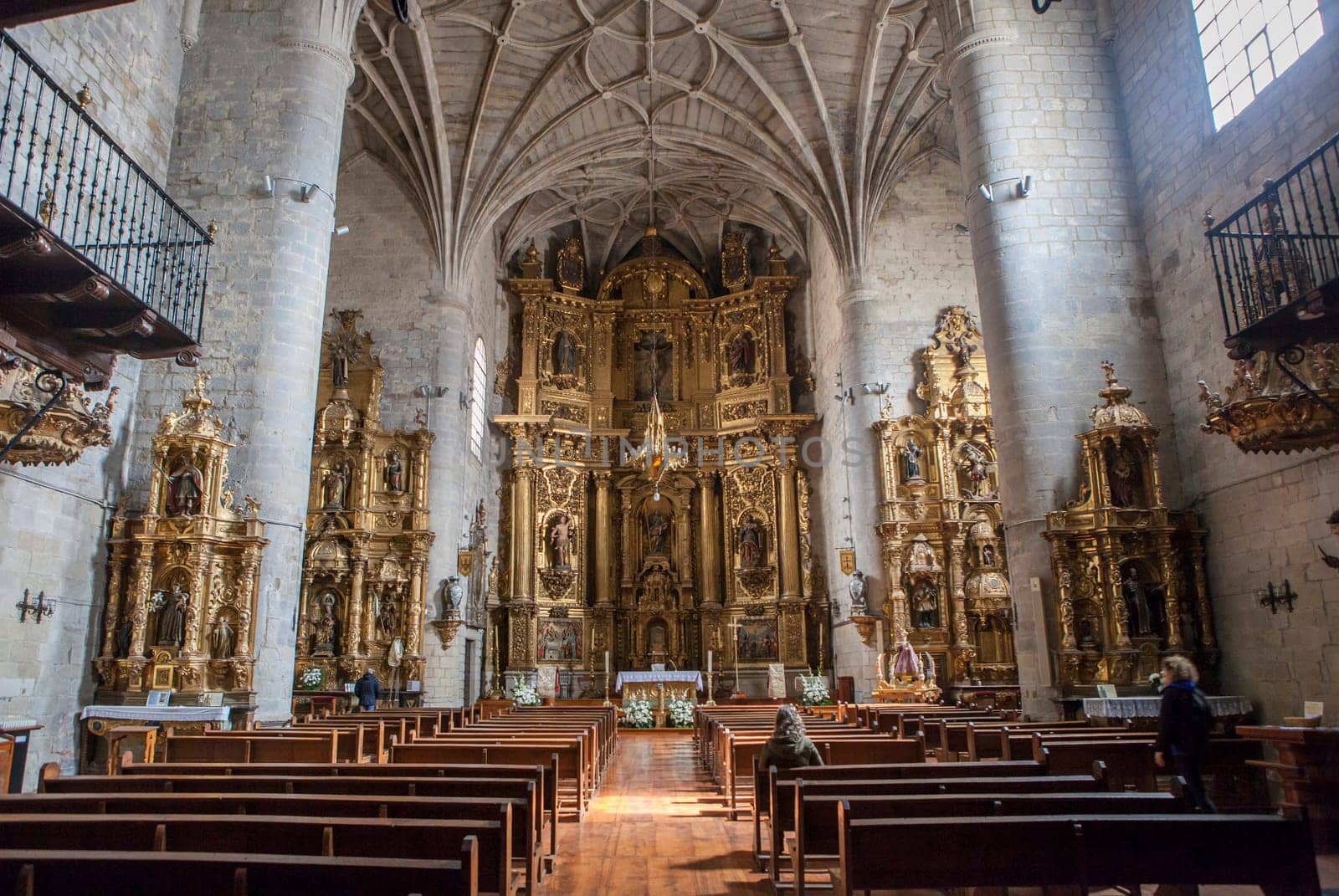 Gares, Spain - March 30, 2024: Church of Santiago, Puente La Reina, Navarre, Spain. Main nave