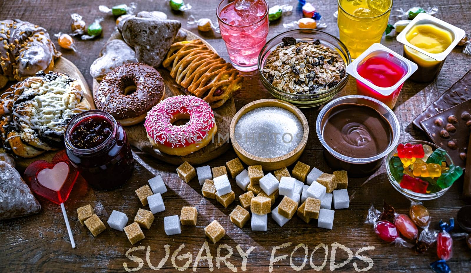 Food products containing a significant amount of sugar. Junk food.