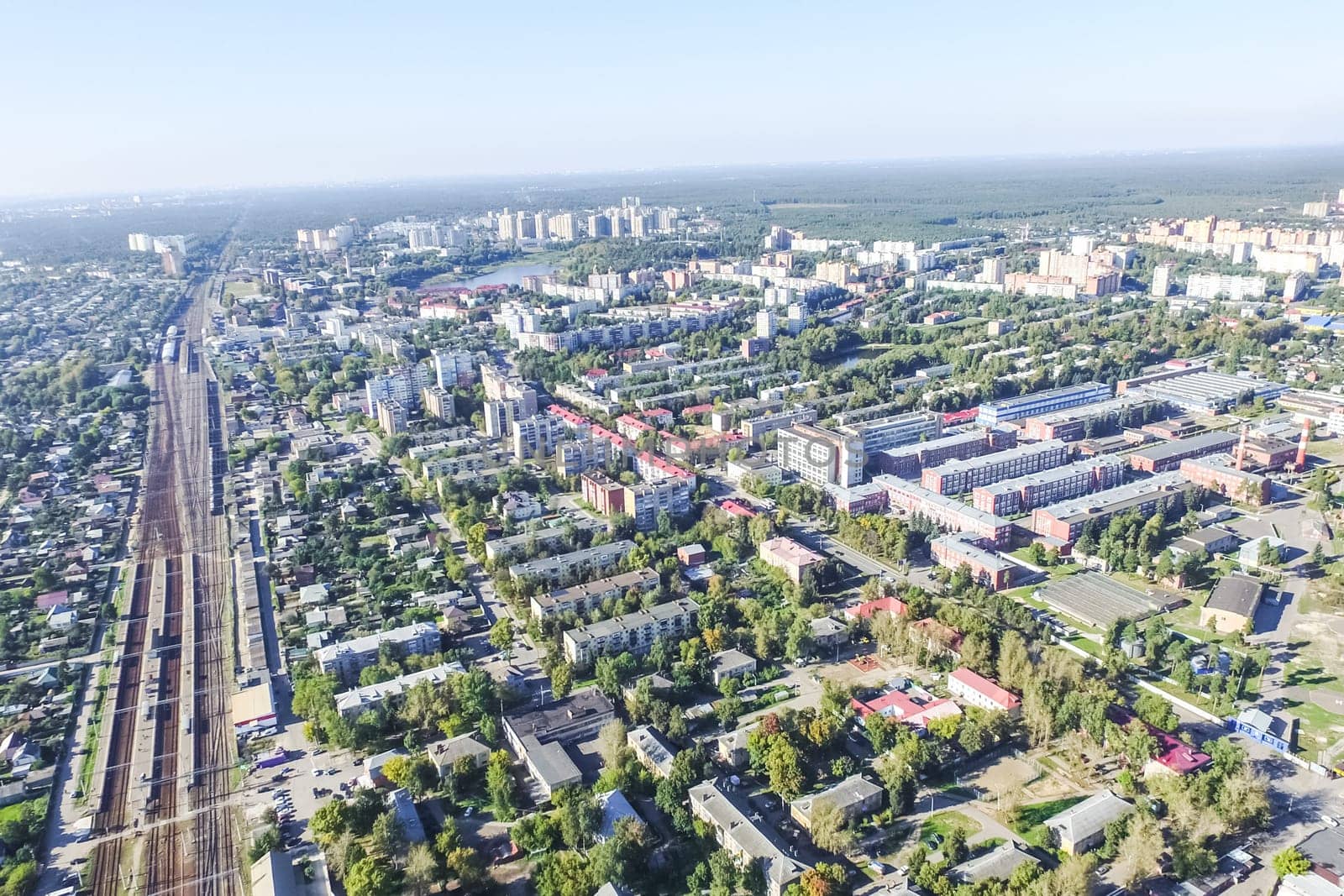 Top view of the city of Moscow, buildings and roads and other infrastructure of the city. Cityscape view from above.