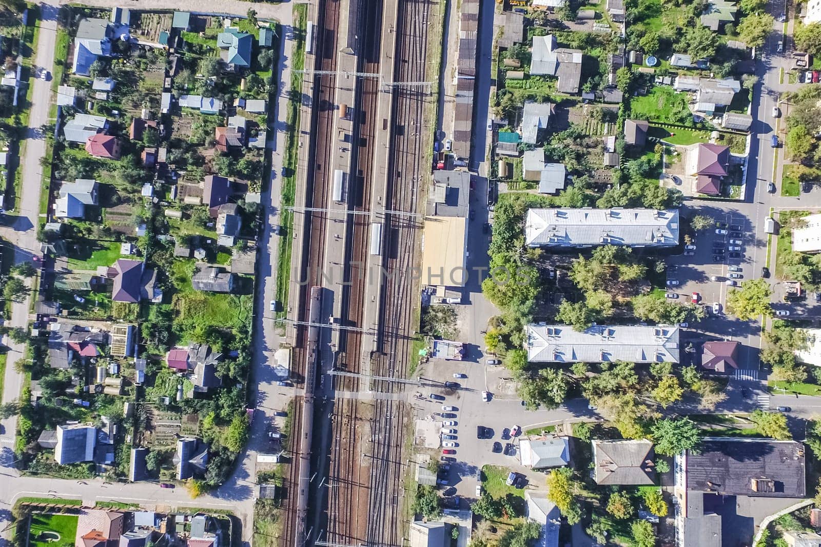Top view of the city of Moscow, buildings and roads and other infrastructure of the city. Cityscape view from above.