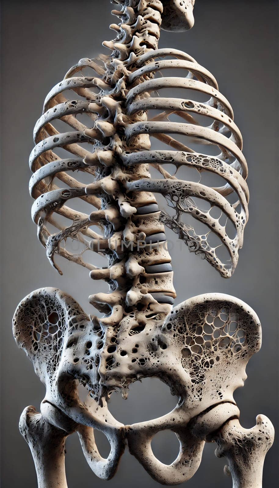 This AI-generated image shows a human skeleton with osteoporosis from a different perspective, highlighting the porous structure of the hip bone and spine.