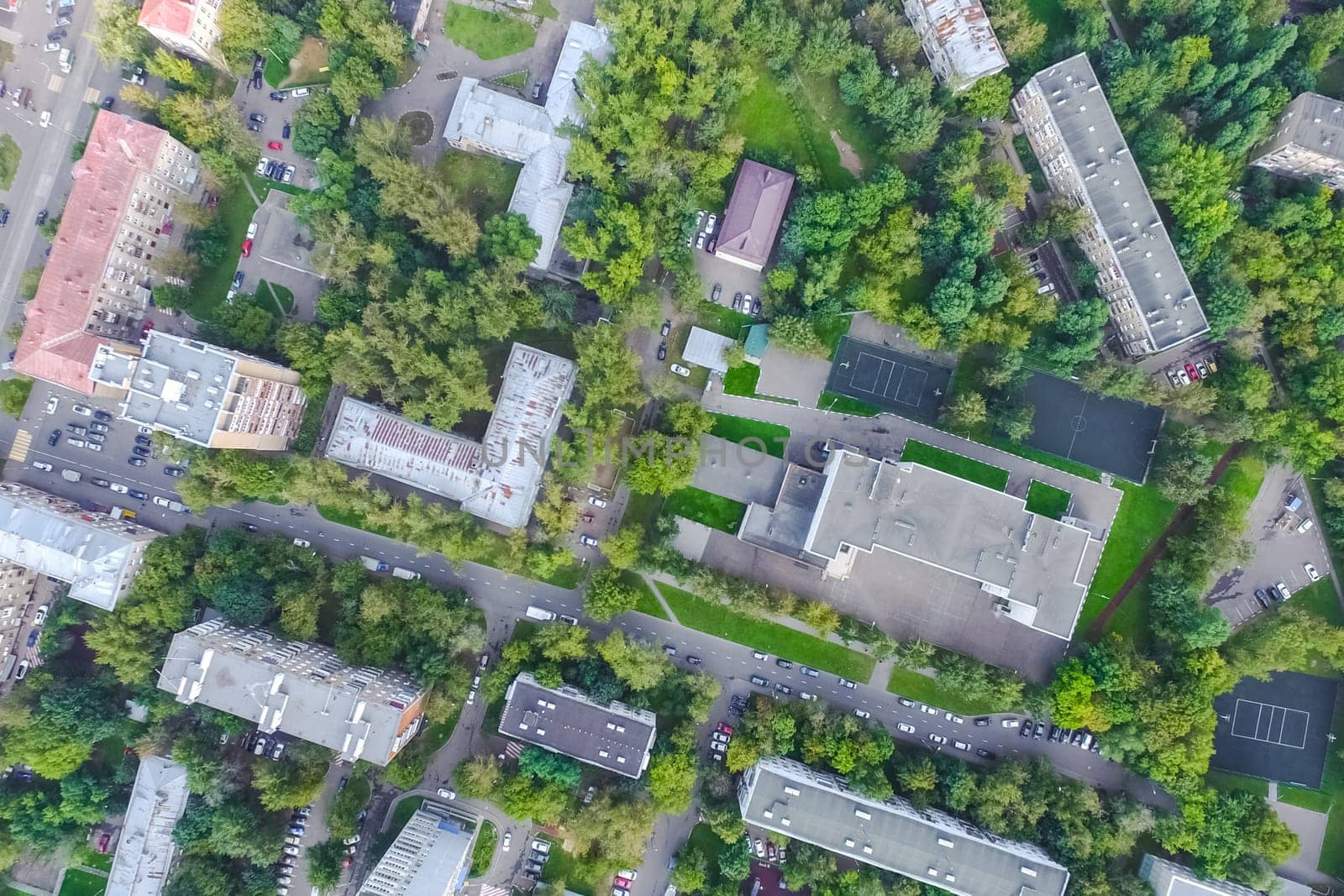 Top view of the city of Moscow, buildings and roads and other infrastructure of the city. Cityscape view from above.