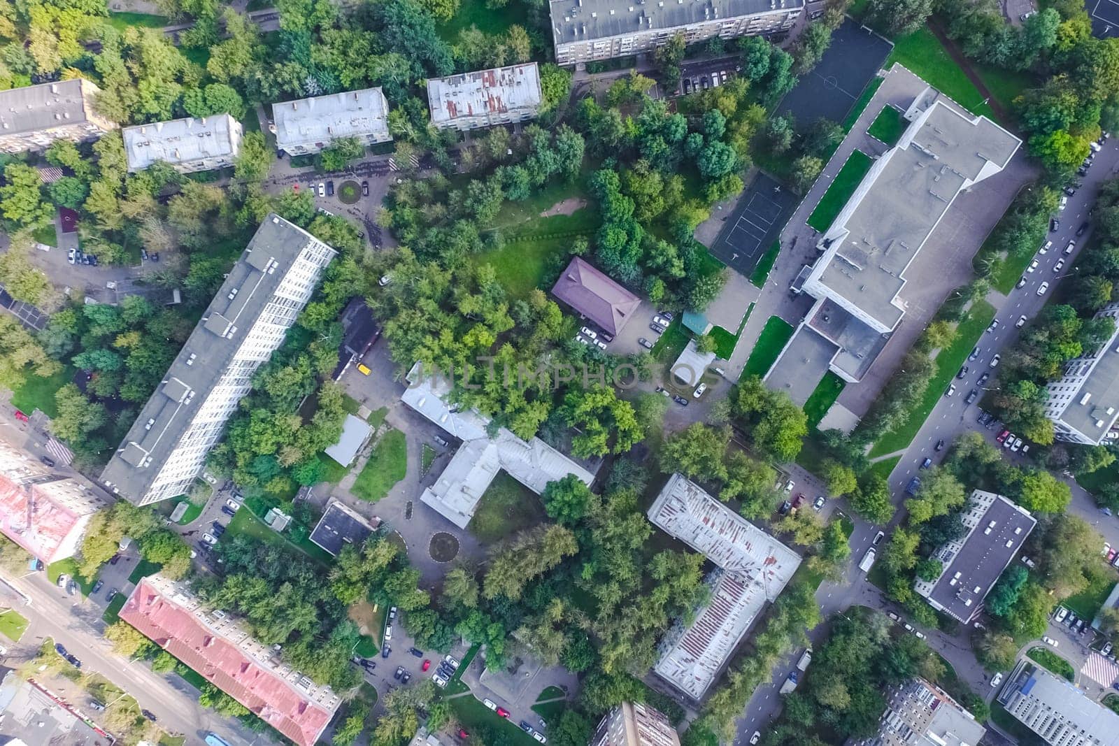 Top view of the city of Moscow, buildings and roads and other infrastructure of the city. Cityscape view from above.