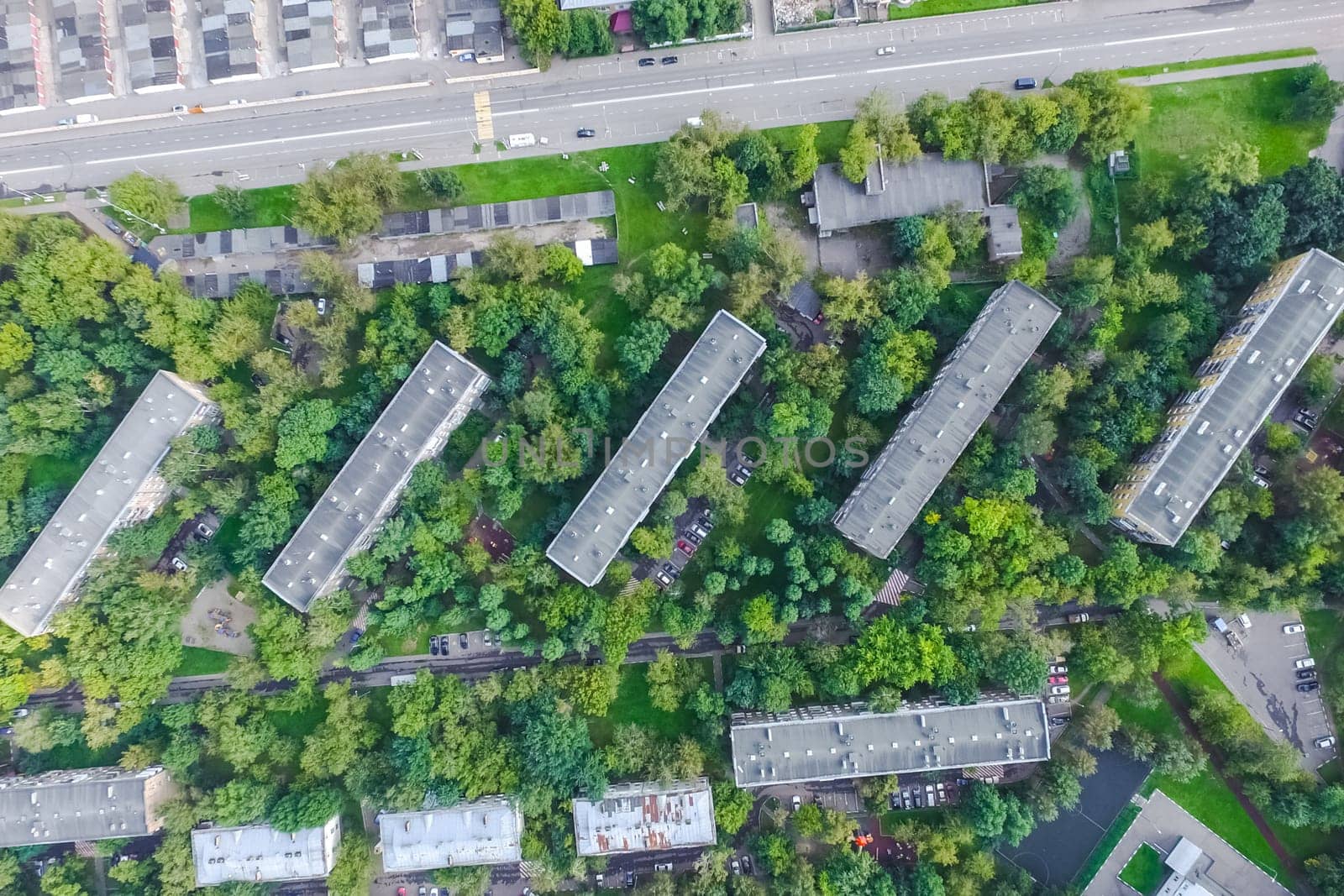 Top view of the city of Moscow, buildings and roads and other infrastructure of the city. Cityscape view from above.