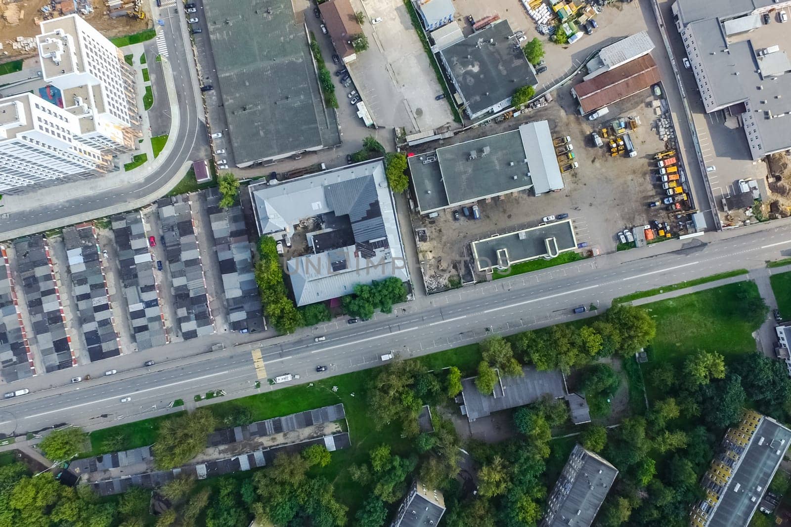 Top view of the city of Moscow, buildings and roads and other infrastructure of the city. Cityscape view from above.