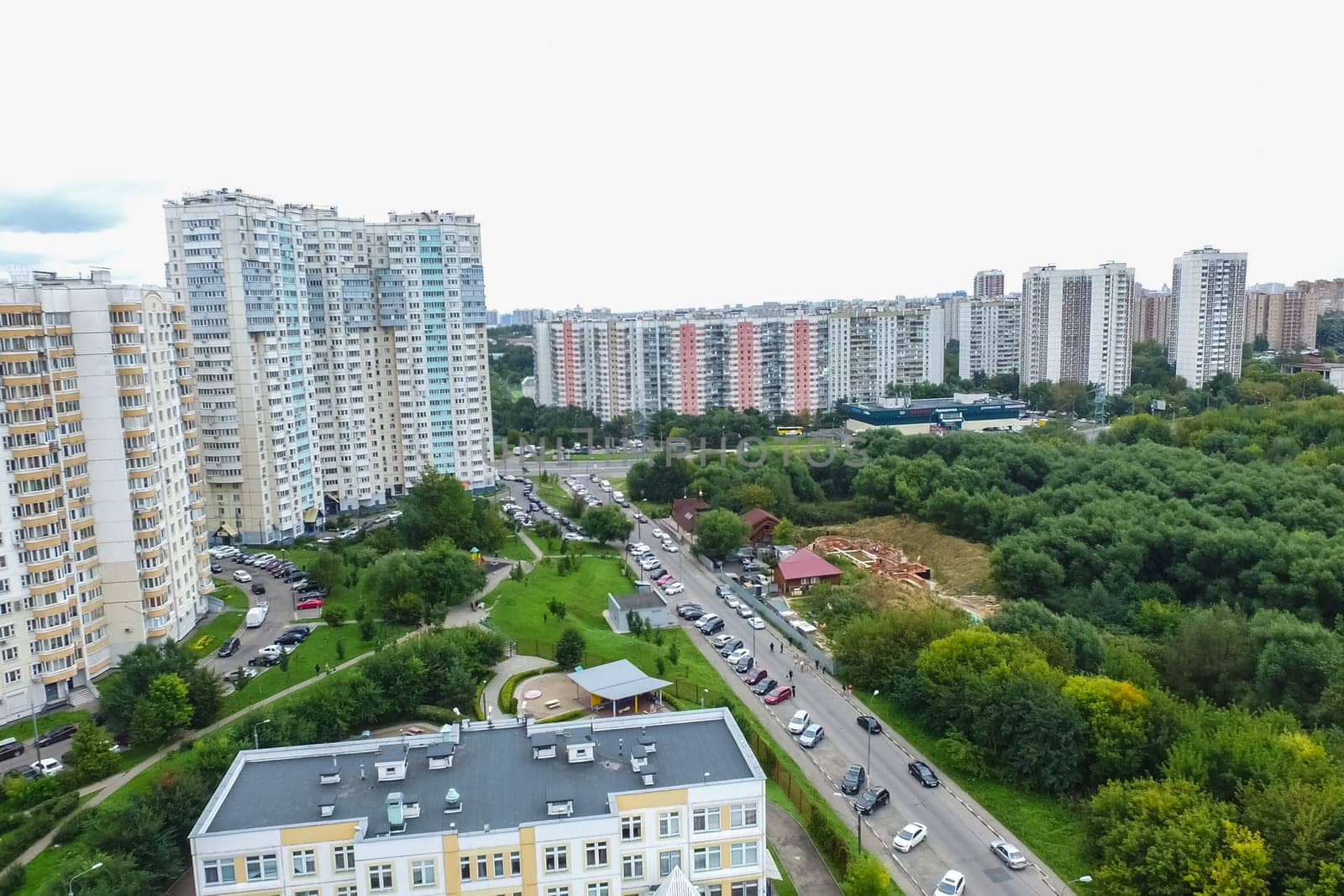 Top view of the city of Moscow, buildings and roads and other infrastructure of the city. Cityscape view from above.