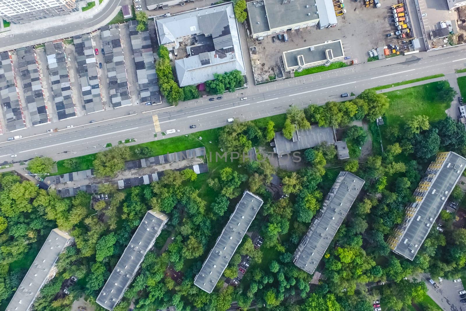 Top view of the city of Moscow, buildings and roads and other infrastructure of the city. Cityscape view from above.