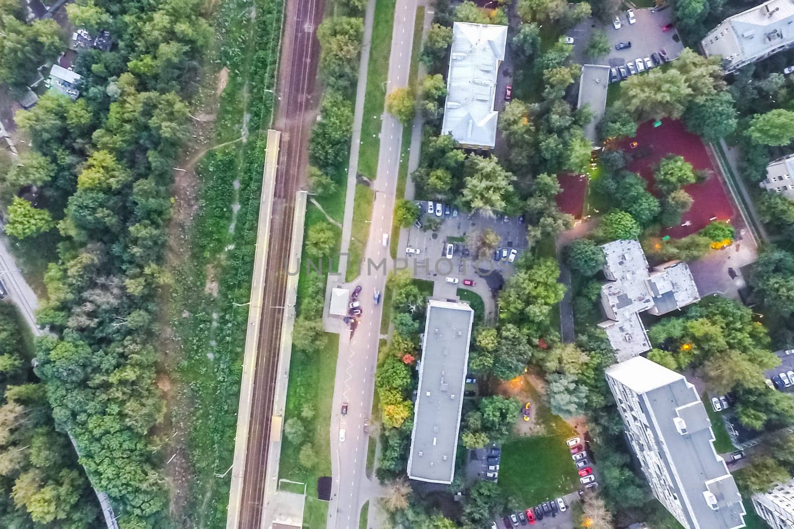 Top view of the city of Moscow, buildings and roads and other infrastructure of the city. Cityscape view from above.