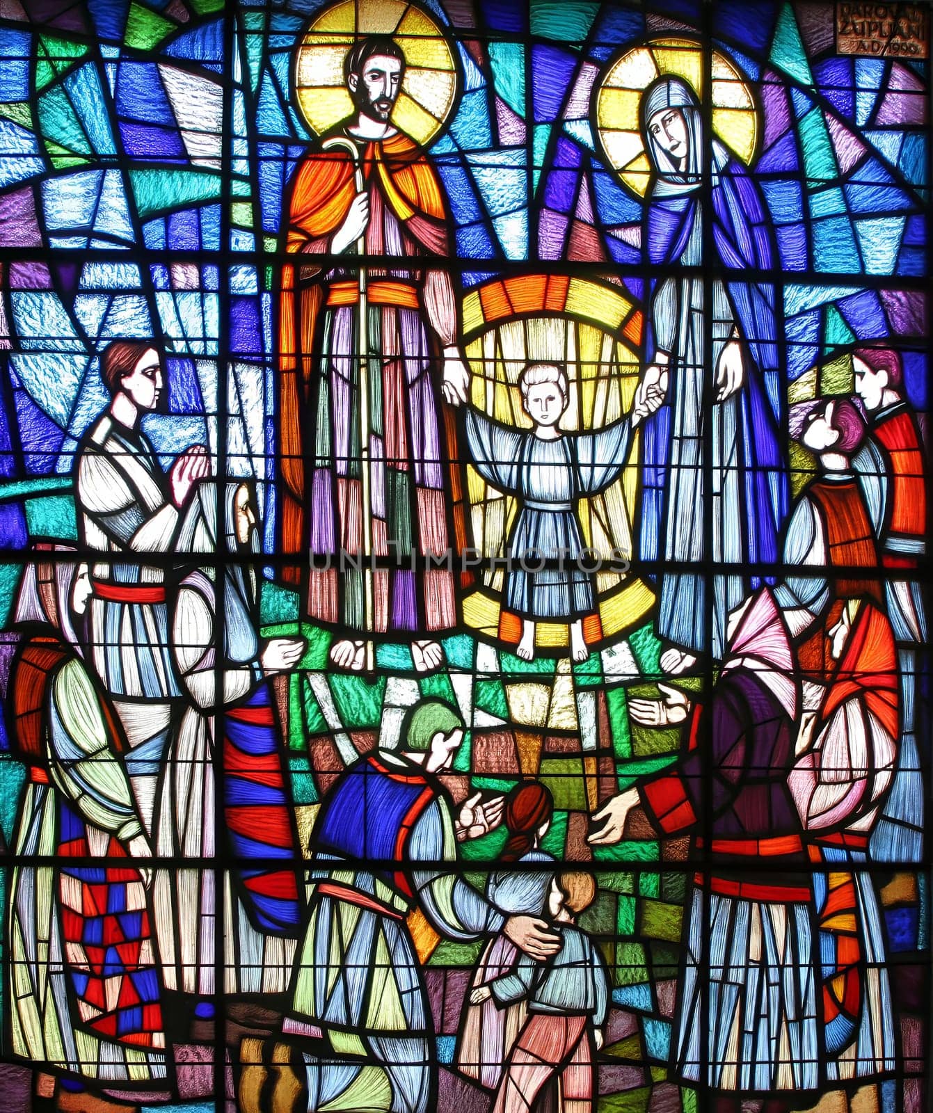 Holy Family, stained glass window in church parish church of the Saint Joseph the Worker in Klinca Sela, Croatia