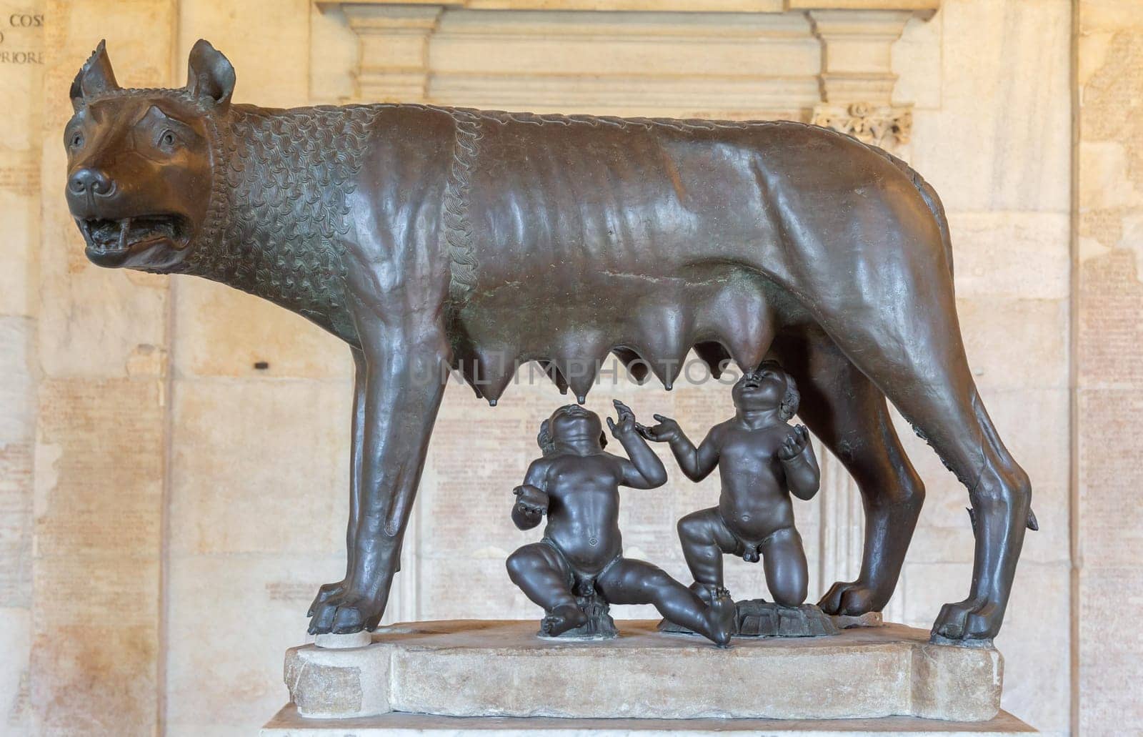 Rome, Italy - 20 August 2023: Capitoline museum, She-wolf, masterpiece of bronze sculpture early 5th century B.C.