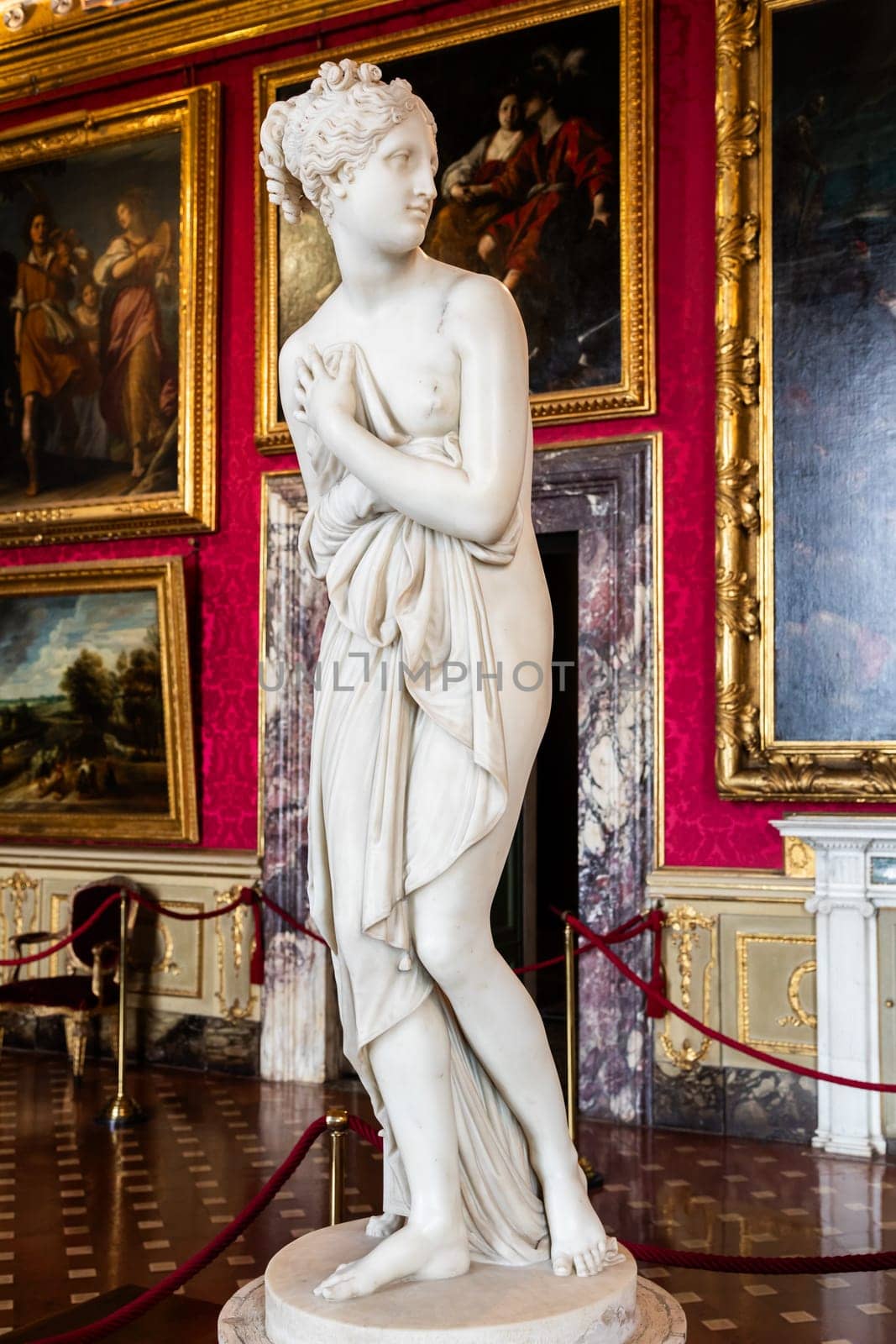Florence, Italy - 28 December 2023: Palazzo Pitti Museum, Venus statue by scultor Antonio Canova. White marble, classic female beauty