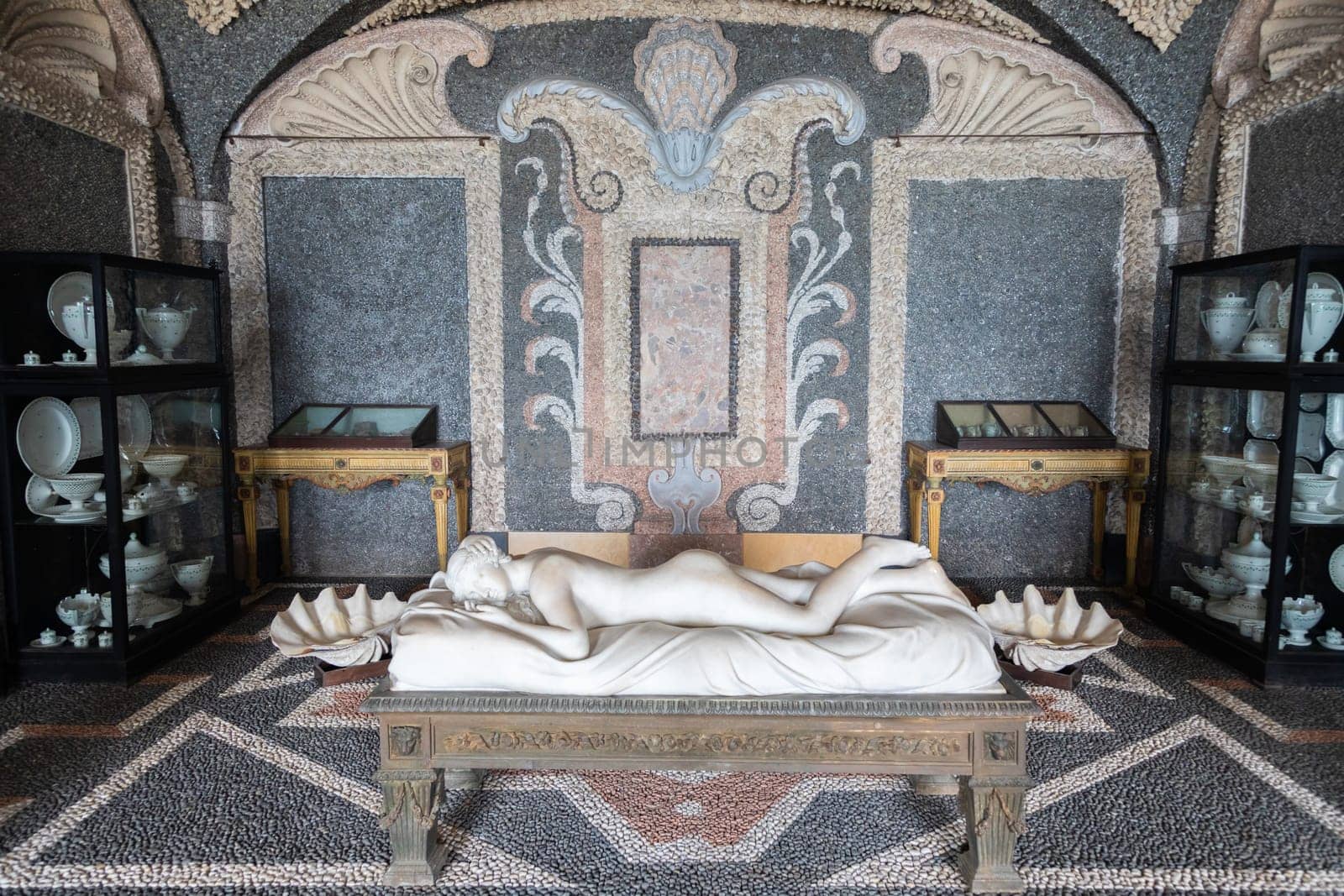 Isola Bella, Italy - 01 August 2023: Sleeping Venus by Giovanni Battista Monti, 1789 - white marble, Greek style statue