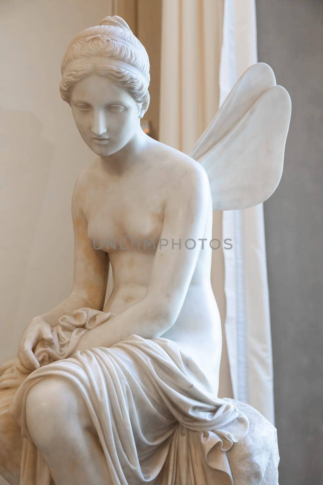 Florence, Italy: 28 December 2023. Psyche Abandoned by Pietro Tenerani, 1819, Carrara marble - the moment when Psyche loses Cupid