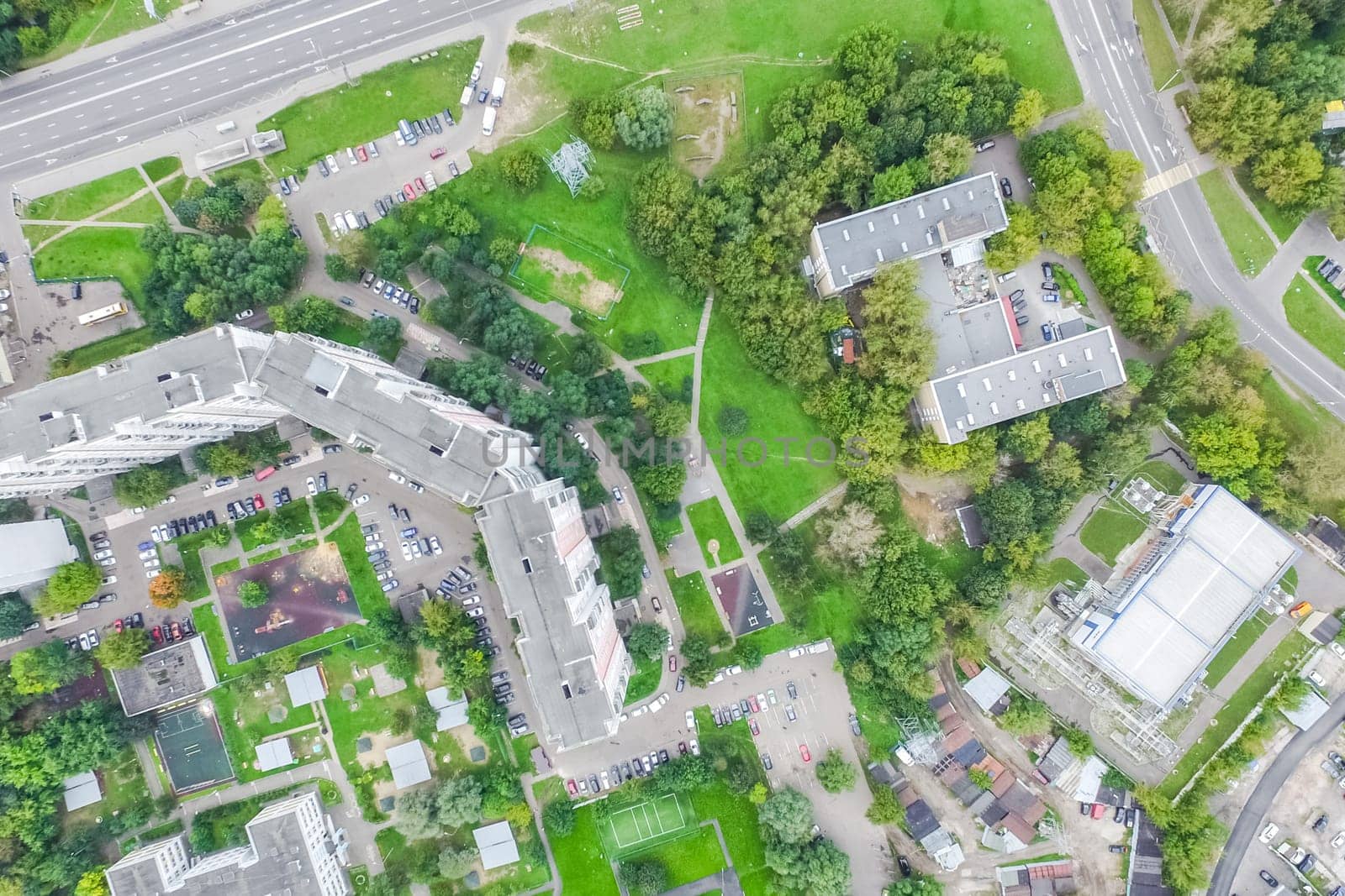 Top view of the city of Moscow, buildings and roads and other infrastructure of the city. Cityscape view from above.