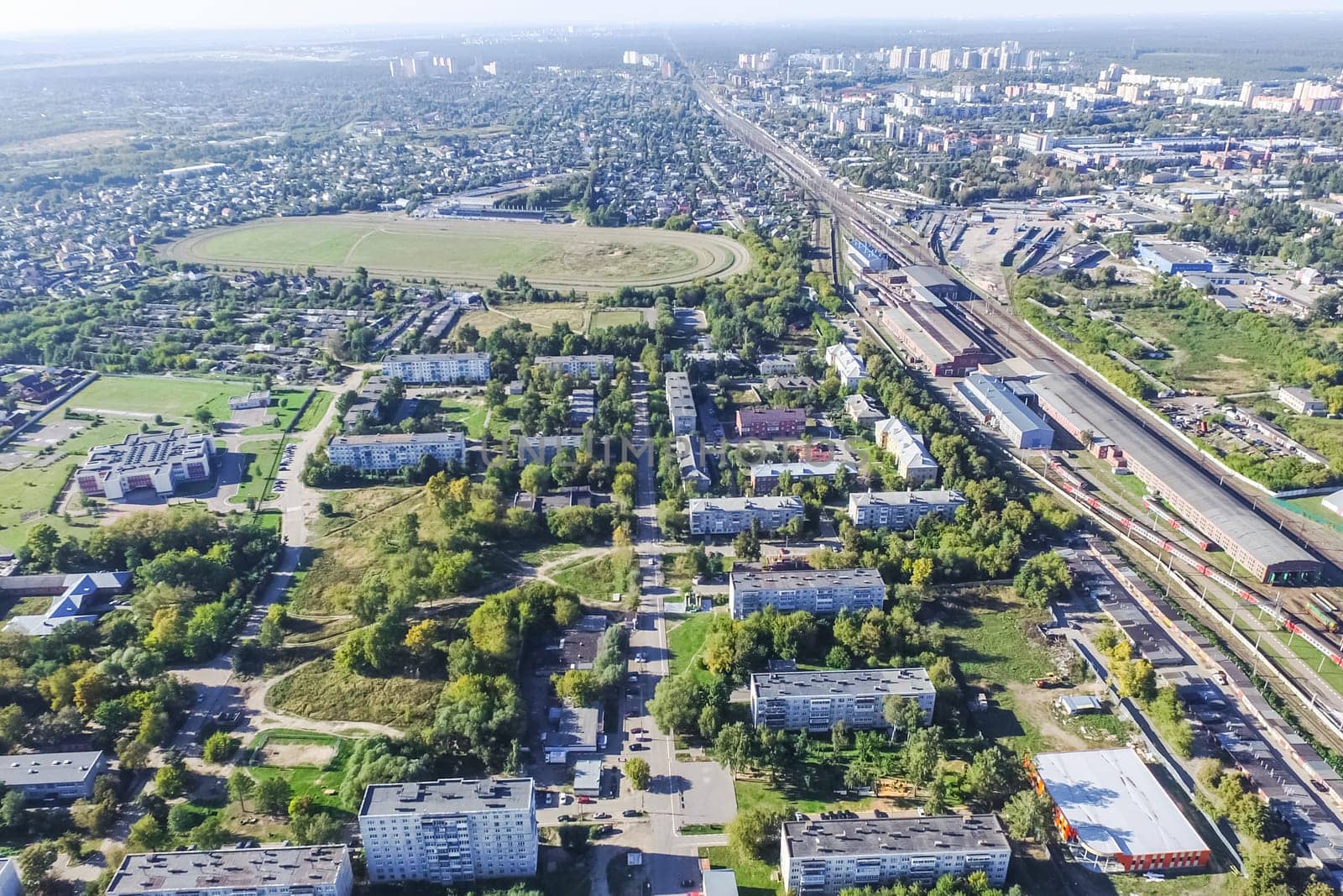Top view of the city of Moscow, buildings and roads and other infrastructure of the city. Cityscape view from above.