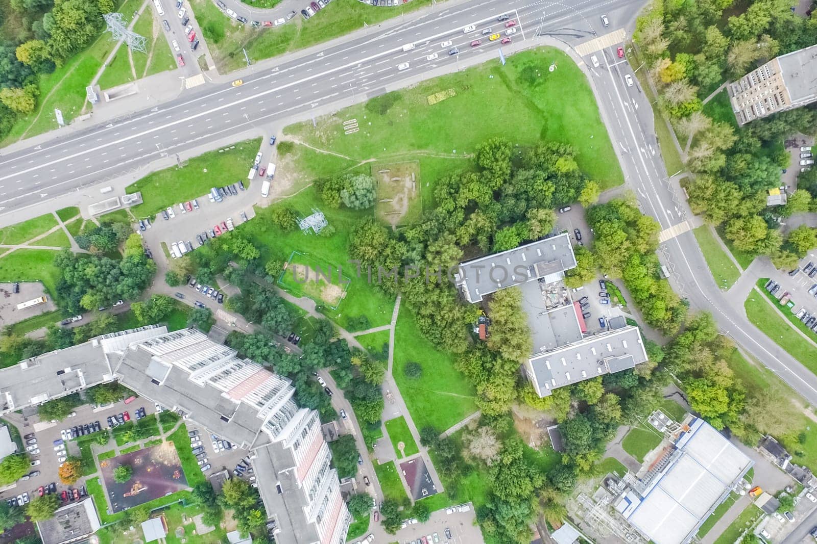 Top view of the city of Moscow, buildings and roads and other infrastructure of the city. Cityscape view from above.