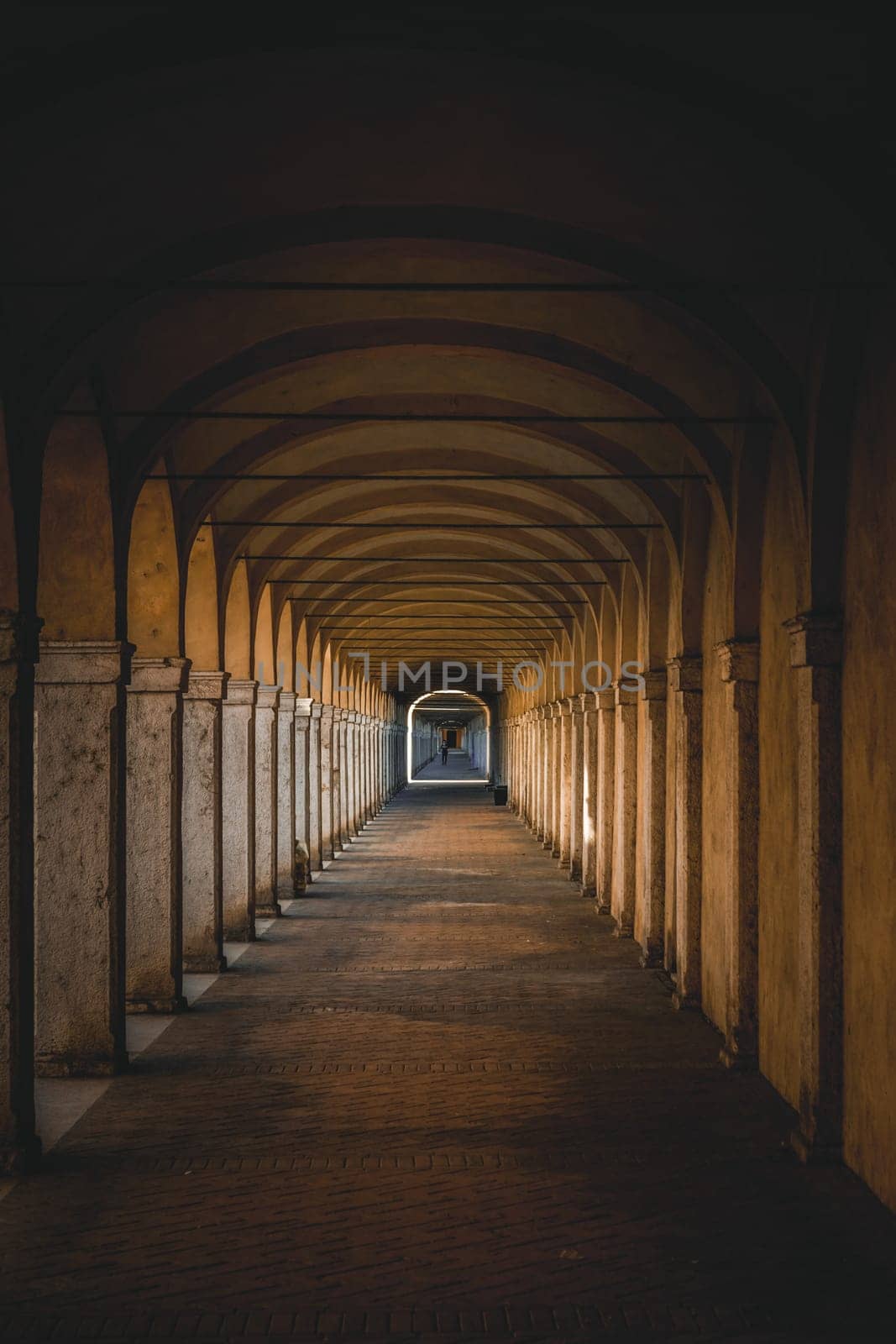 Dark tunnel perspective. Grunge architecture, old corridor in shadow