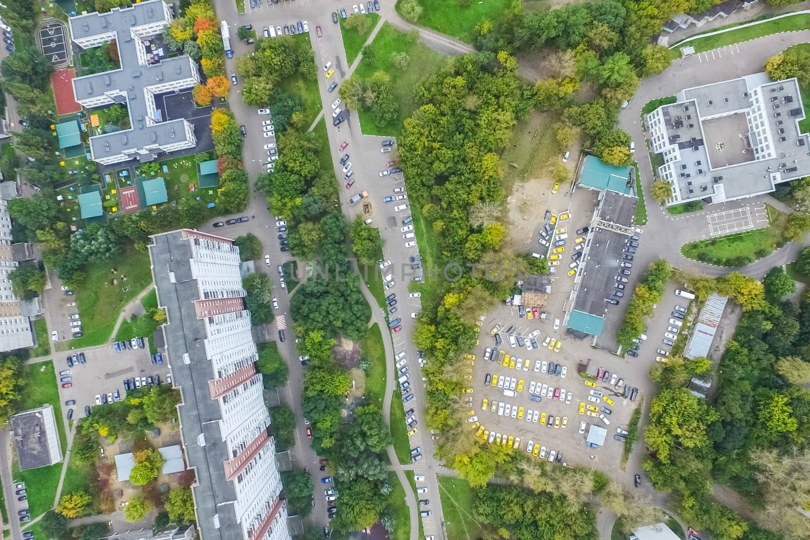 Top view of the city of Moscow, buildings and roads and other infrastructure of the city. Cityscape view from above.