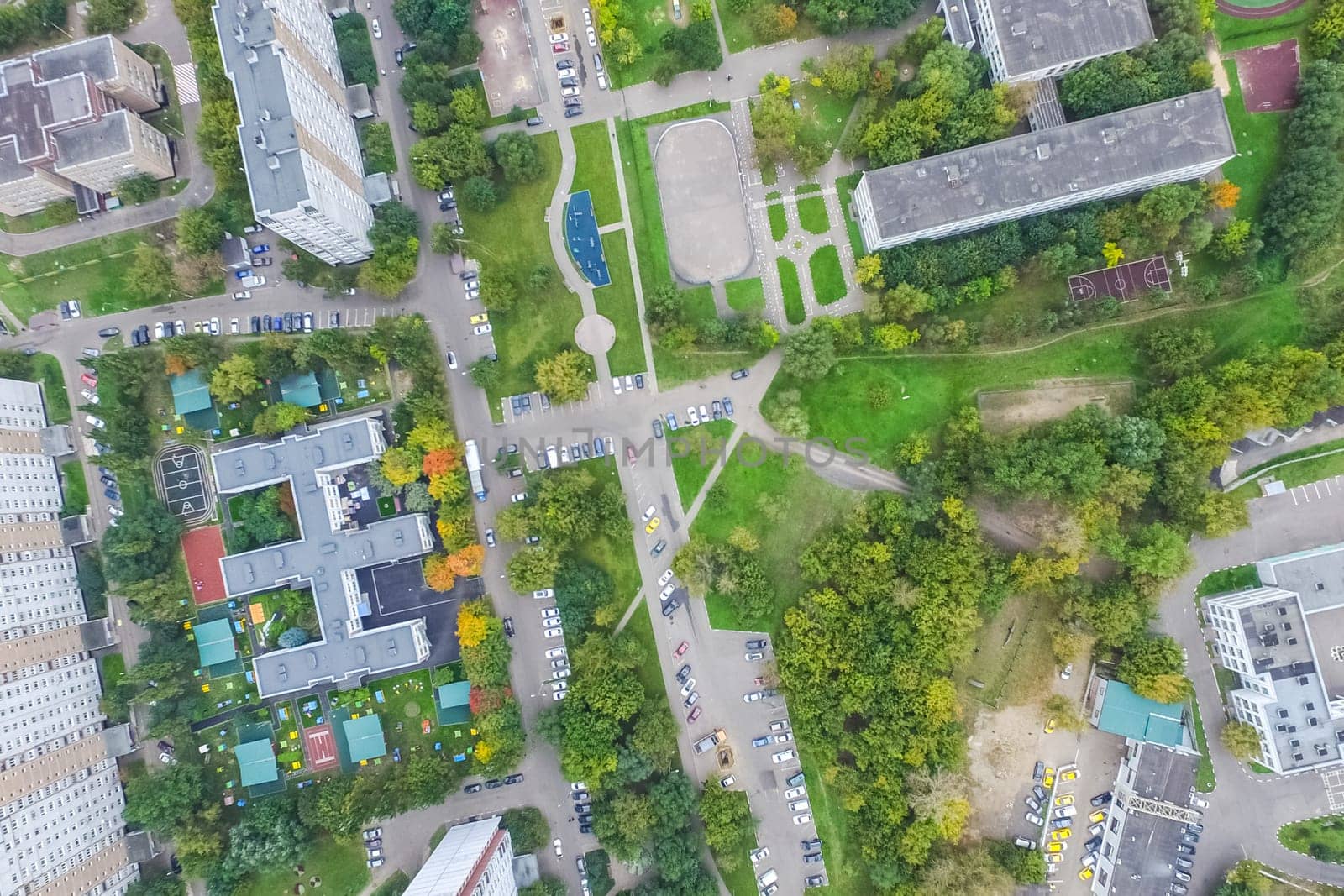 Top view of the city of Moscow, buildings and roads and other infrastructure of the city. Cityscape view from above.