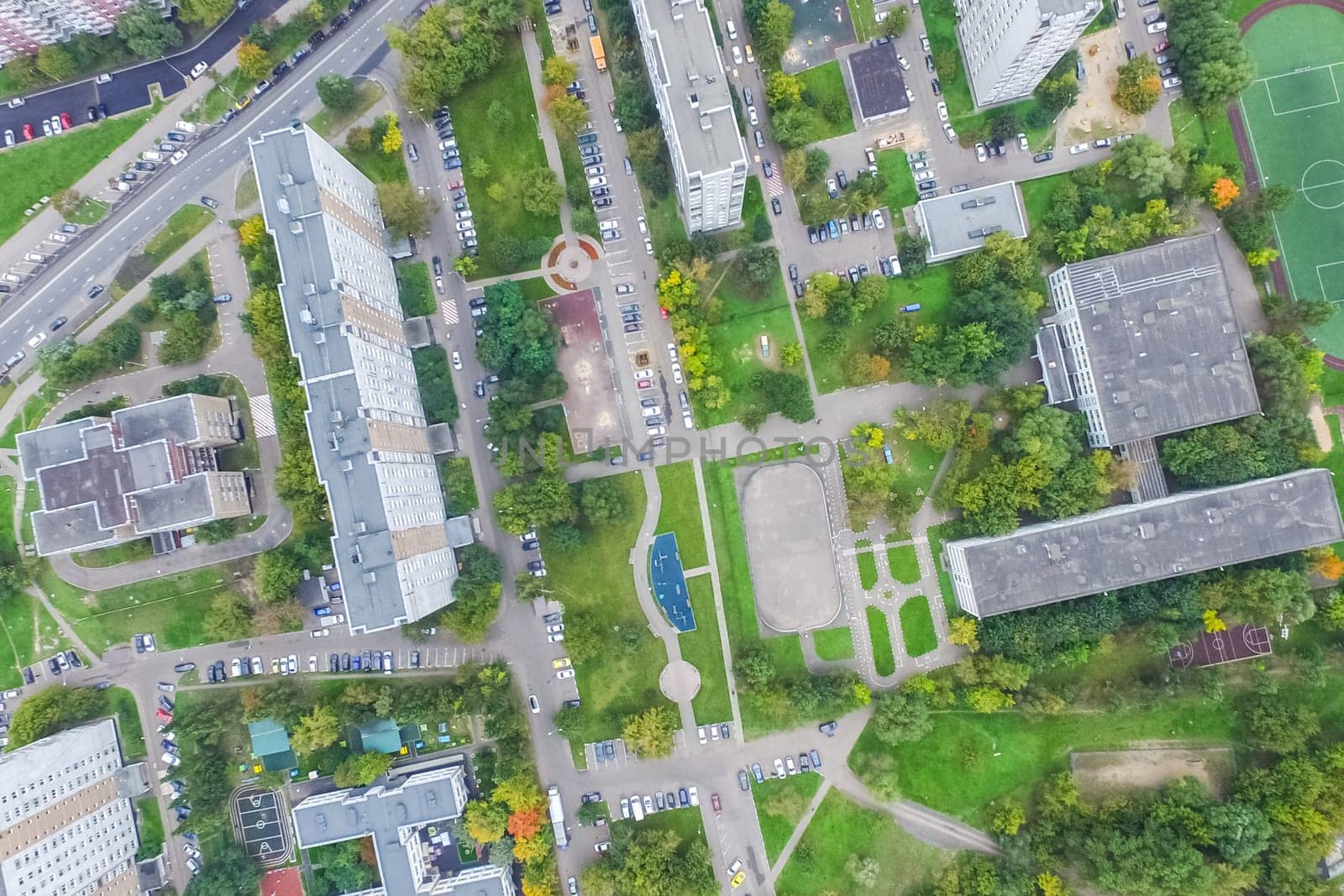 Top view of the city of Moscow, buildings and roads and other infrastructure of the city. Cityscape view from above.