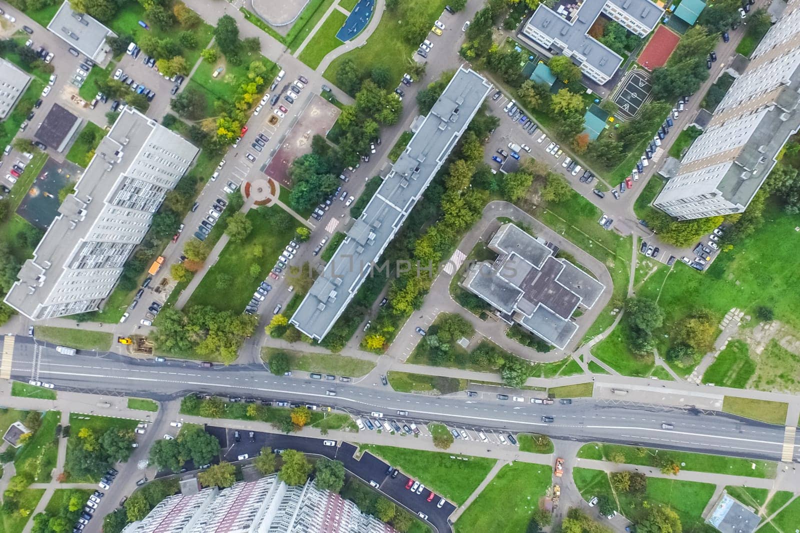 Top view of the city of Moscow, buildings and roads and other infrastructure of the city. Cityscape view from above.