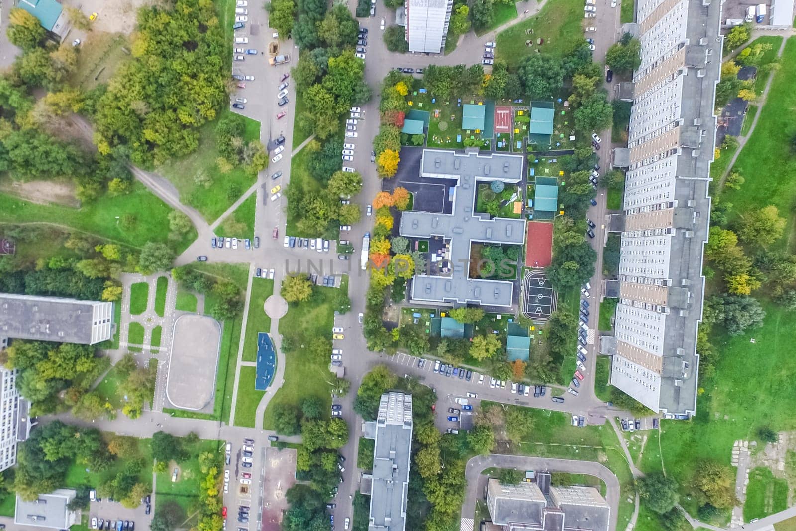 Top view of the city of Moscow, buildings and roads and other infrastructure of the city. Cityscape view from above.