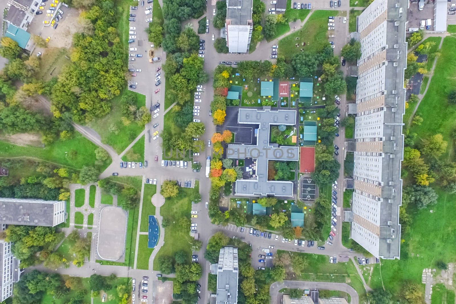 Top view of the city of Moscow, buildings and roads and other infrastructure of the city. Cityscape view from above.