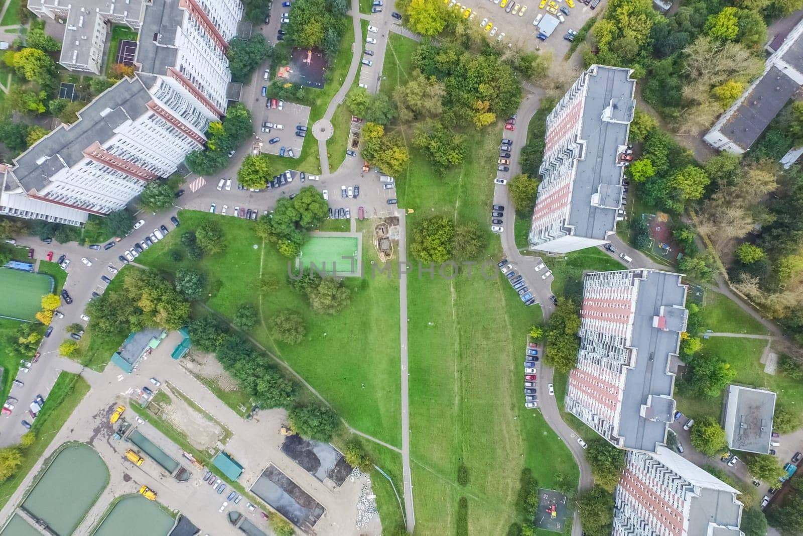 Top view of the city of Moscow, buildings and roads and other infrastructure of the city. Cityscape view from above.