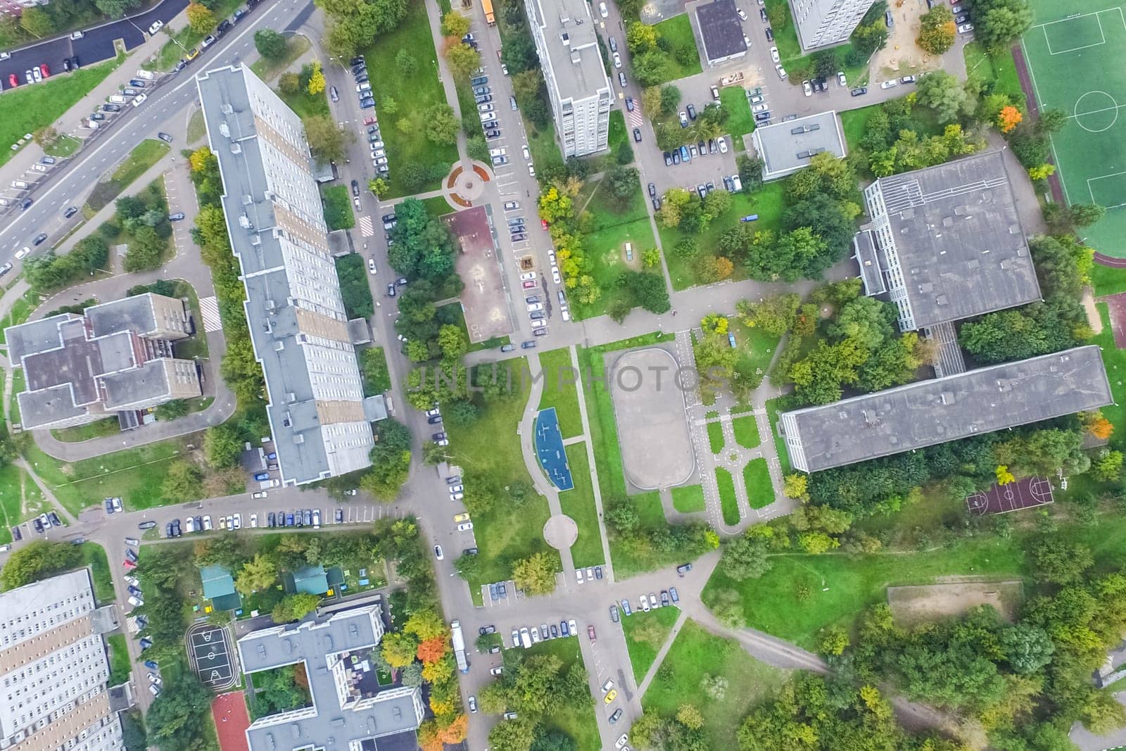 Top view of the city of Moscow, buildings and roads and other infrastructure of the city. Cityscape view from above.