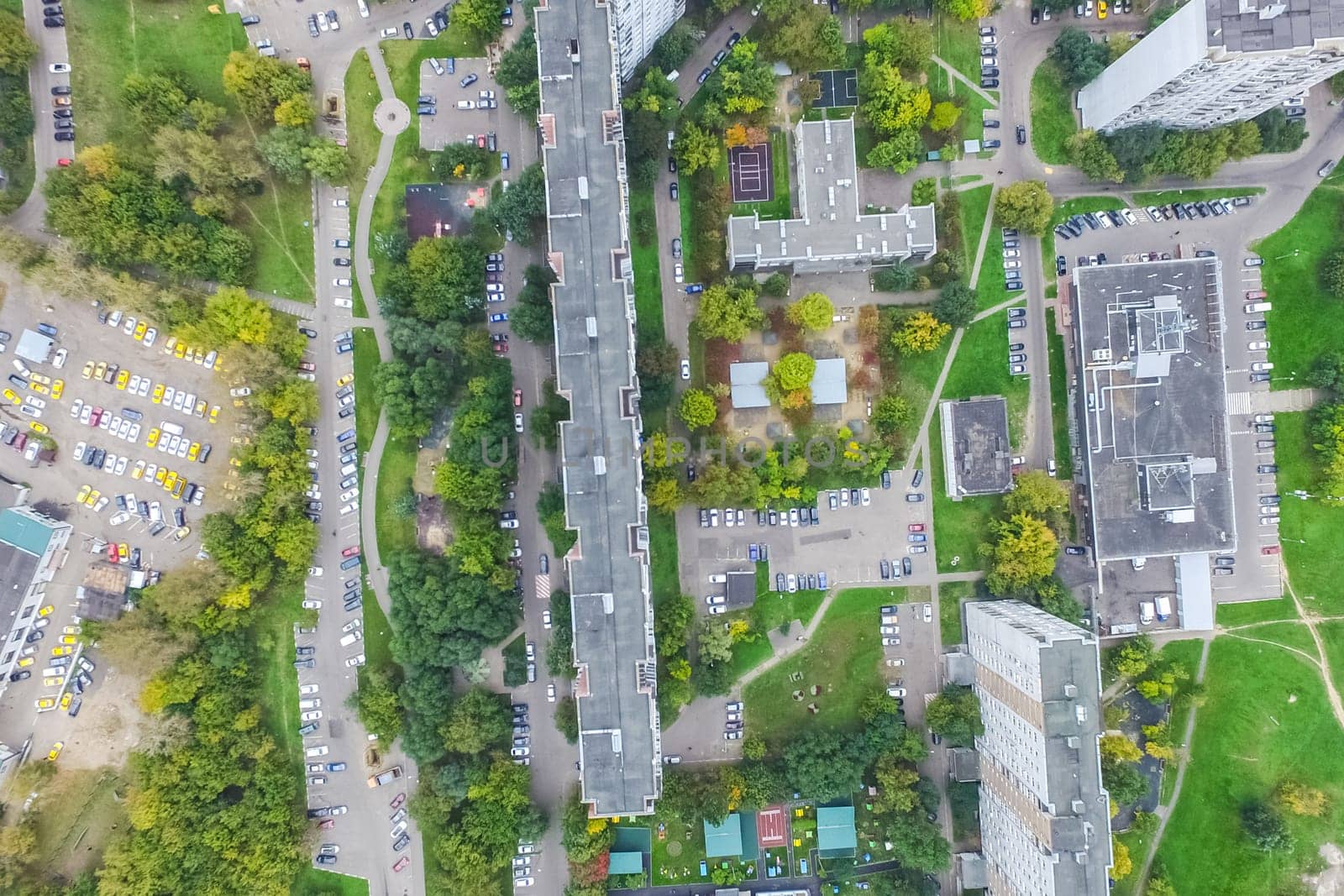 Top view of the city of Moscow, buildings and roads and other infrastructure of the city. Cityscape view from above.