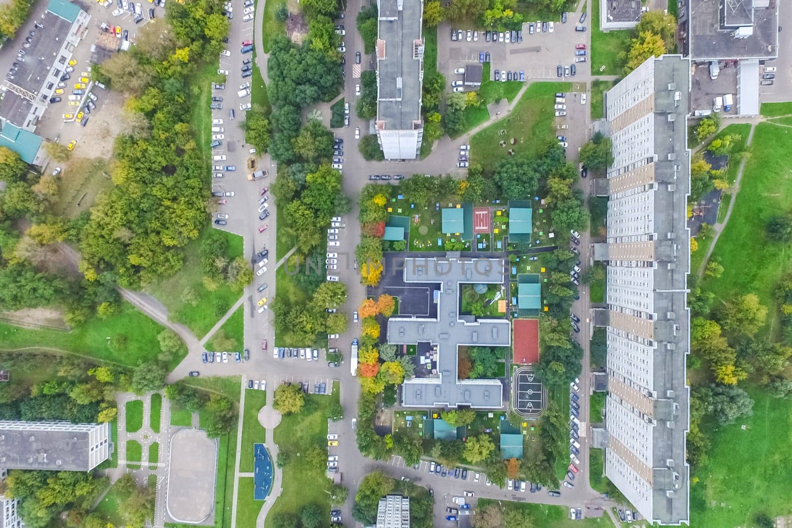 Top view of the city of Moscow, buildings and roads and other infrastructure of the city. Cityscape view from above.