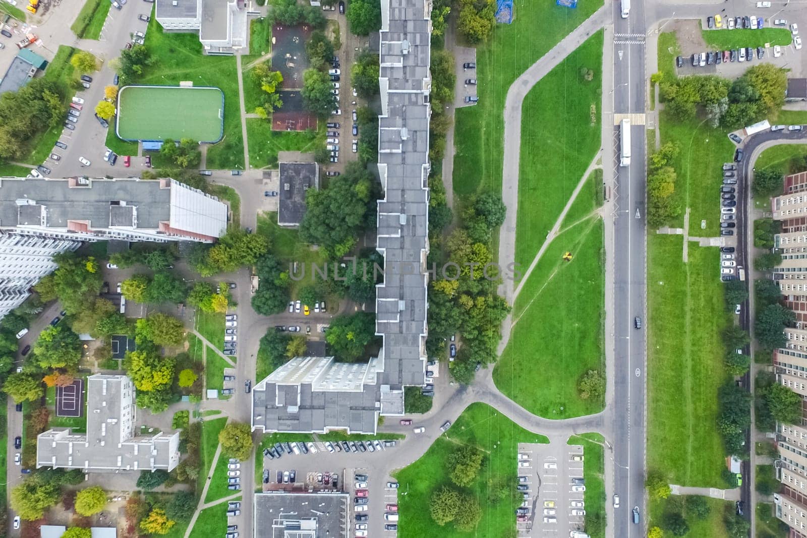 Top view of the city of Moscow, buildings and roads and other infrastructure of the city. Cityscape view from above.