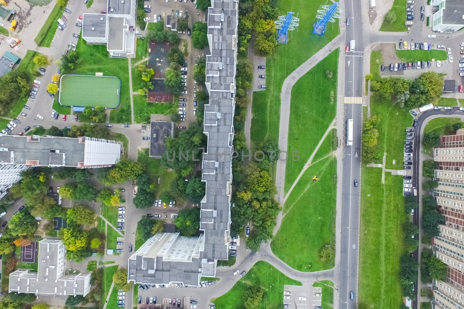 Top view of the city of Moscow, buildings and roads and other infrastructure of the city. Cityscape view from above.